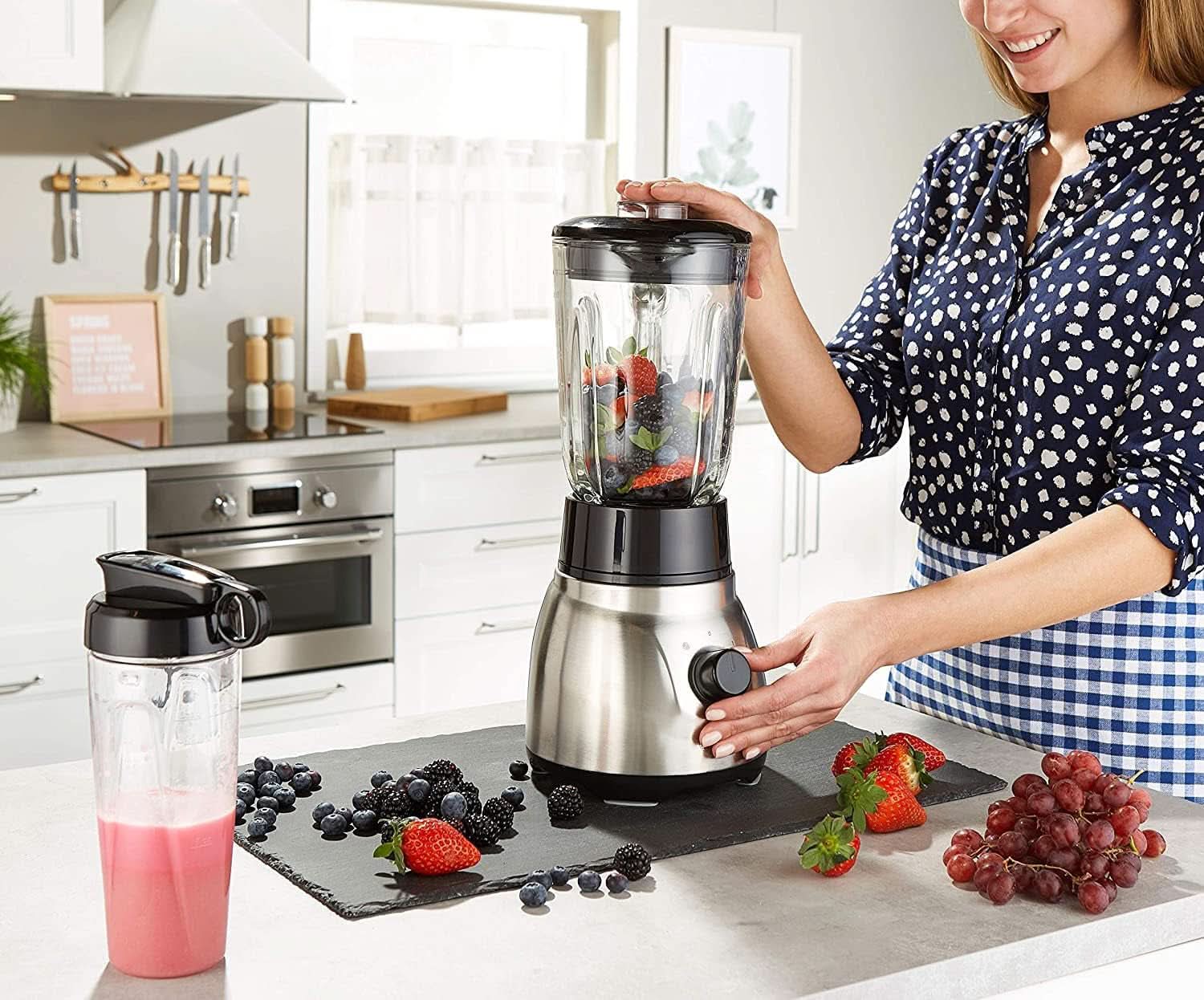 Russell Hobbs Standmixer 2-in-1 [1,5L Glasbehälter Mixer & 0,6L Mini Smoothie Maker -To-Go-Trinkflasche inkl. Deckel] Spülmaschinenfest, Impuls-/Ice-Crush-Funktion, Becher BPA Frei, Edelstahl 23821-56 Kitchen Naty Shop
