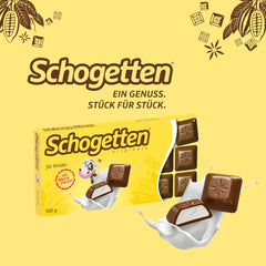 Schogetten für Kinder, Tafelschokolade 100g, Milchschokolade mit cremiger Milchfüllung, praktisch portioniert. Eine Delikatesse. Stück für Stück.