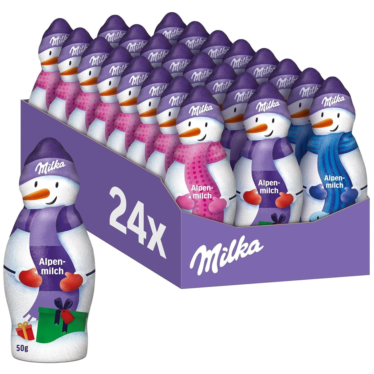 Milka Schneemann Alpenmilch – Großpackung Schoko-Schneemännerfiguren in 3 Modellen – 24 x 50g
