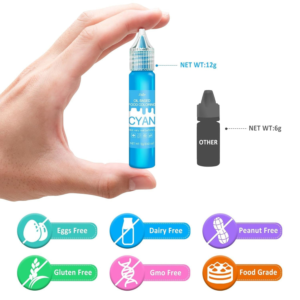 Colorant alimentar liposolubil - Colorant alimentar pe bază de ulei în culorile curcubeului pentru ciocolată, dulciuri, prăjituri, copt - Colorant alimentar concentrat pentru decorarea torturilor, cremă de unt, fondant - 12g fiecare