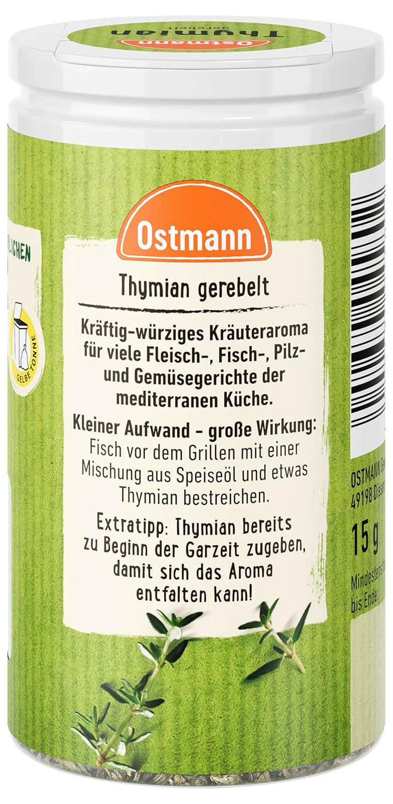 Ostmann Thymian gerebelt 15 g Thymian-Gewürz für viele Fleisch-, Fisch-, Pilz-, und Gemüsegerichte der mediterranen Küche, Menge: 1 Stück