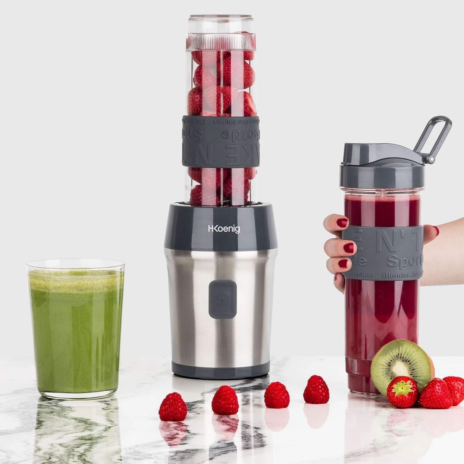 H.Koenig Smoothie Maker SMOO9 – Mini-Standmixer – Mini-Mixer – 300 Watt – 570 ml – Edelstahl – 2 Kunststoffflaschen – Bpa-Frei, Grau Kitchen Naty Shop