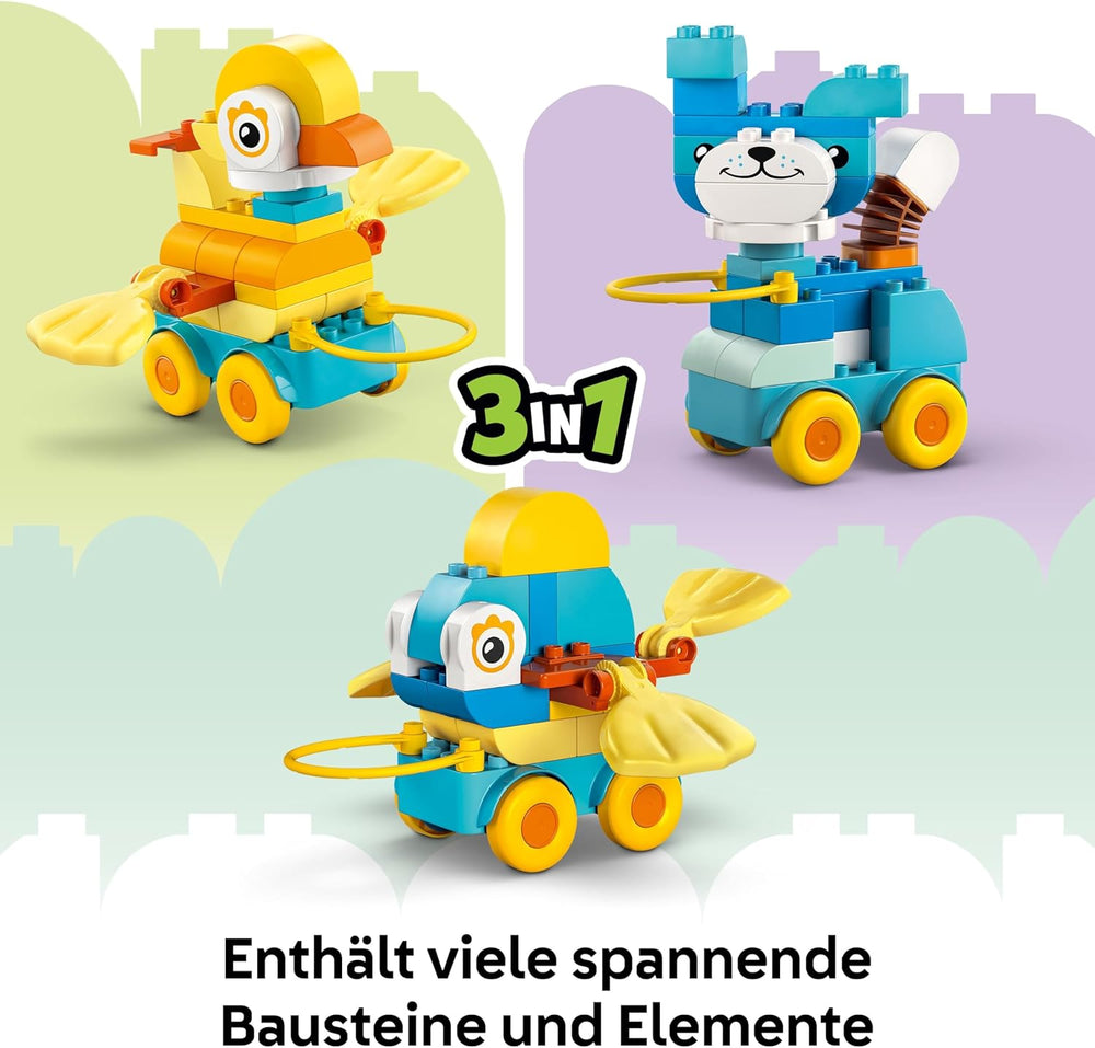 LEGO DUPLO Town Tiere auf Rädern 3-in-1-Set – Montessori Spielzeug zum Bauen von Ente, Fisch oder Hund mit Rädern und Ziehgriff – Geschenk für Mädchen und Jungen ab 2 Jahren – 10448