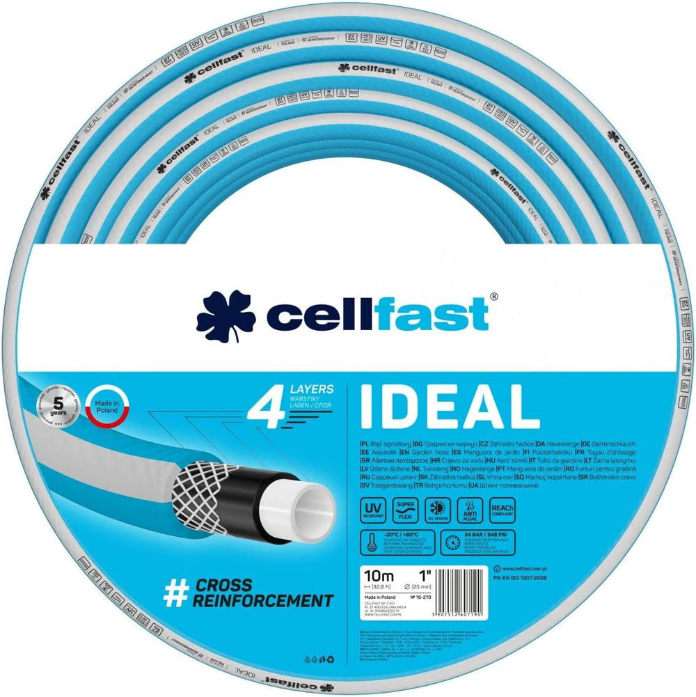 Furtun de grădină Cellfast IDEAL, Durabil, Flexibil, 4 straturi, Împletitură încrucișată durabilă, Rezistent la UV și alge, Tehnologie REACH, 27 bar, -20/+60° pe termen scurt 1", 10m