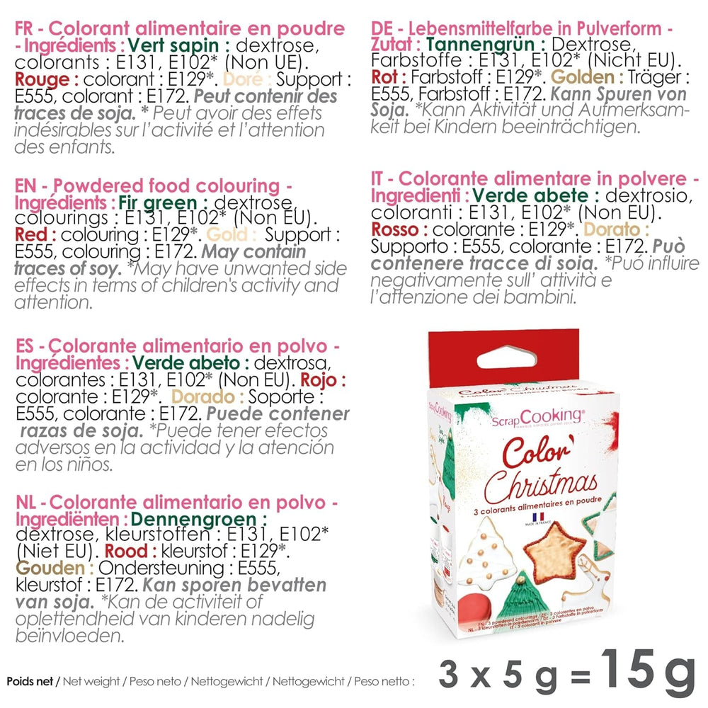 Scrapcooking - Set de 3 coloranți alimentari pudră de Crăciun - Roșu, Verde, Auriu - Colorant alimentar comestibil pentru copt, prăjituri, fursecuri, produse de patiserie, aluat, fondant - Decorațiuni de Crăciun - 4018