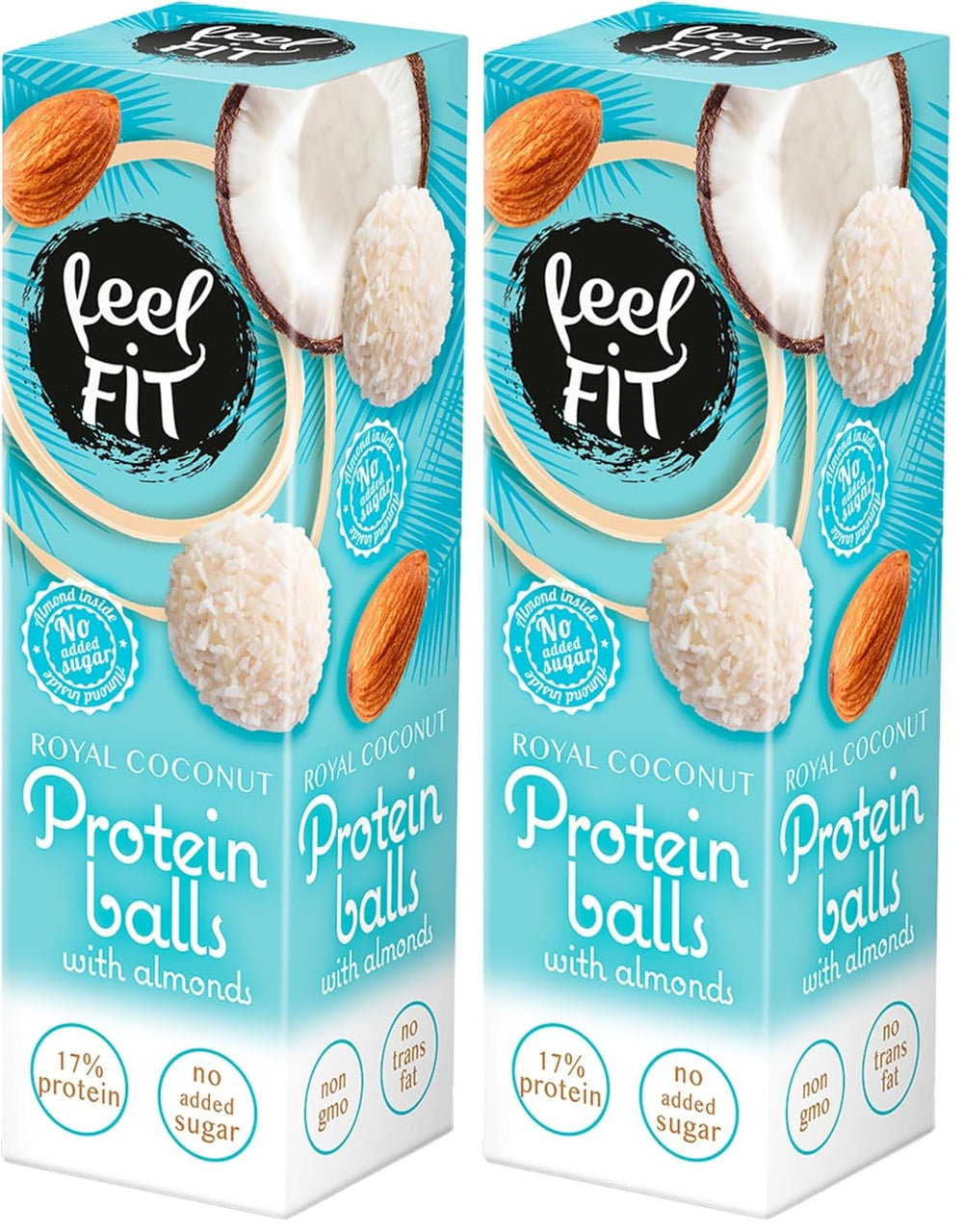 Zuckerfreie Kokospralinen mit Mandeln, Feel FIT, ohne Zuckerzusatz, 17 % Protein, 63 g