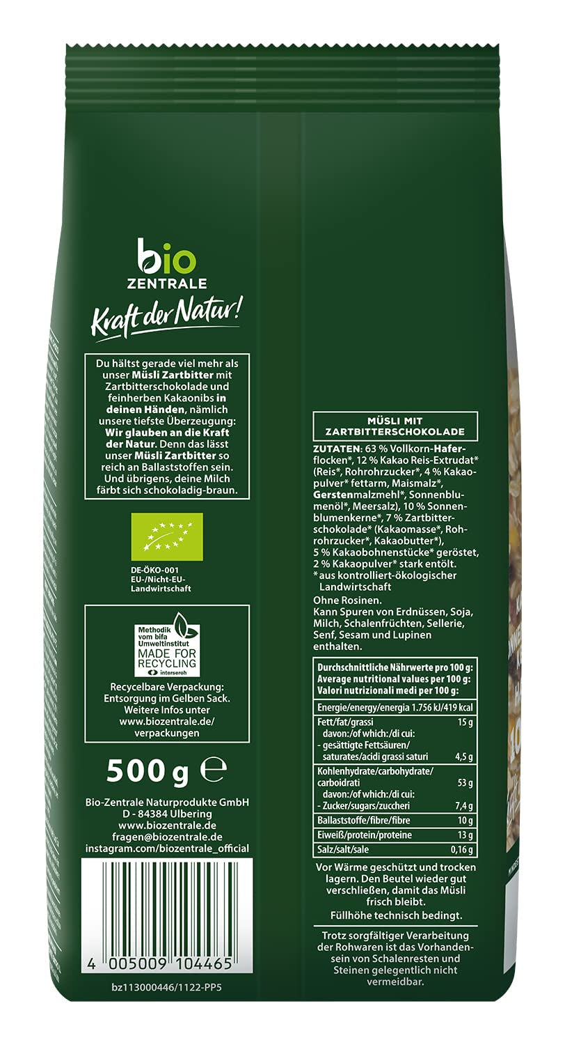Biozentrales Müsli mit dunkler Schokolade | 500g Bio-Vegan | Ideal zum Frühstück und für die Tasse Müsli zum Mitnehmen | Alternative zu Müsliriegeln