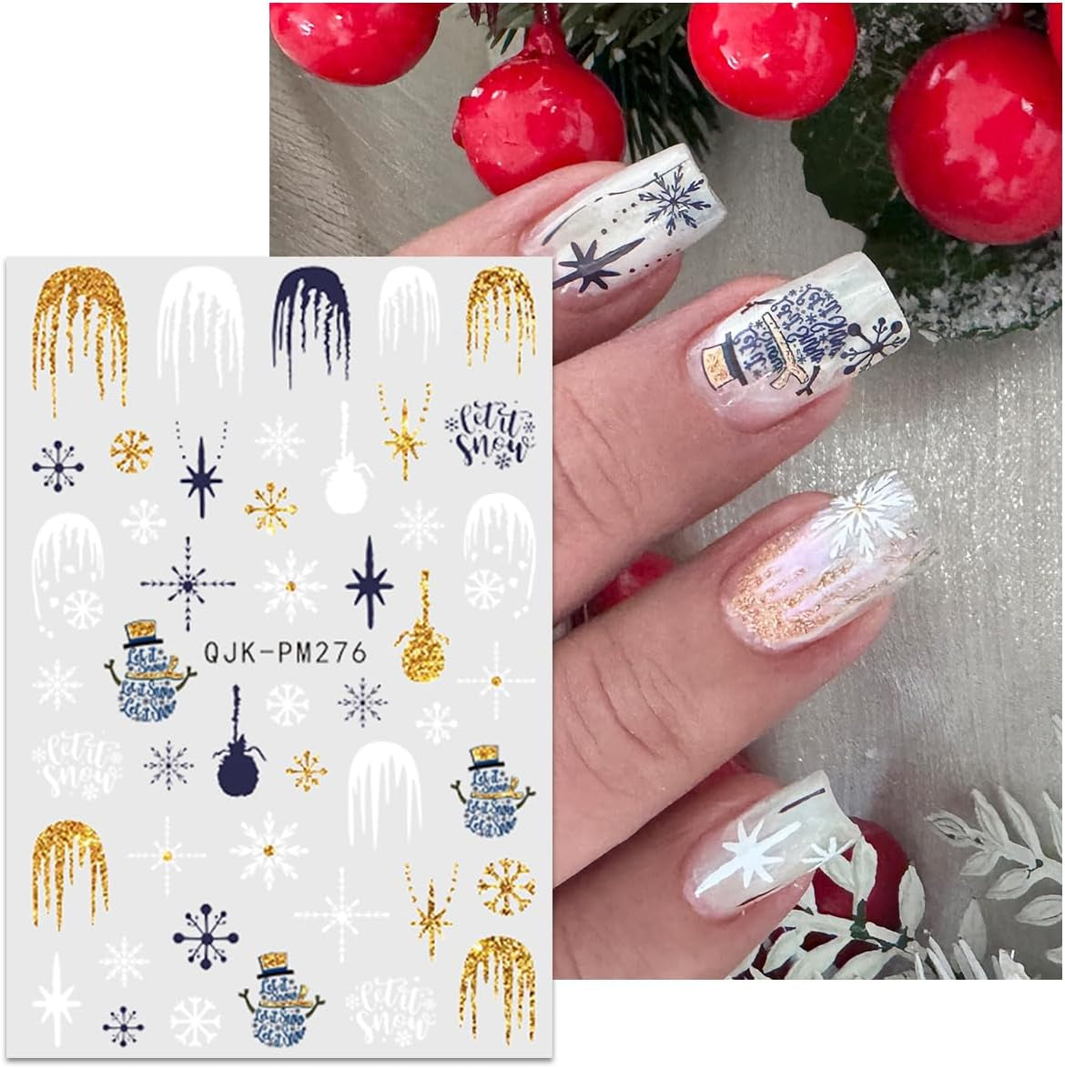 JMEOWIO Nagelsticker Weihnachten 10 Blatt Nail Art Sticker Selbstklebend Nagelaufkleber Glitter Schneeflocke Xmas Winter Urlaub Gold Dekoration Nageldesign Zubehör