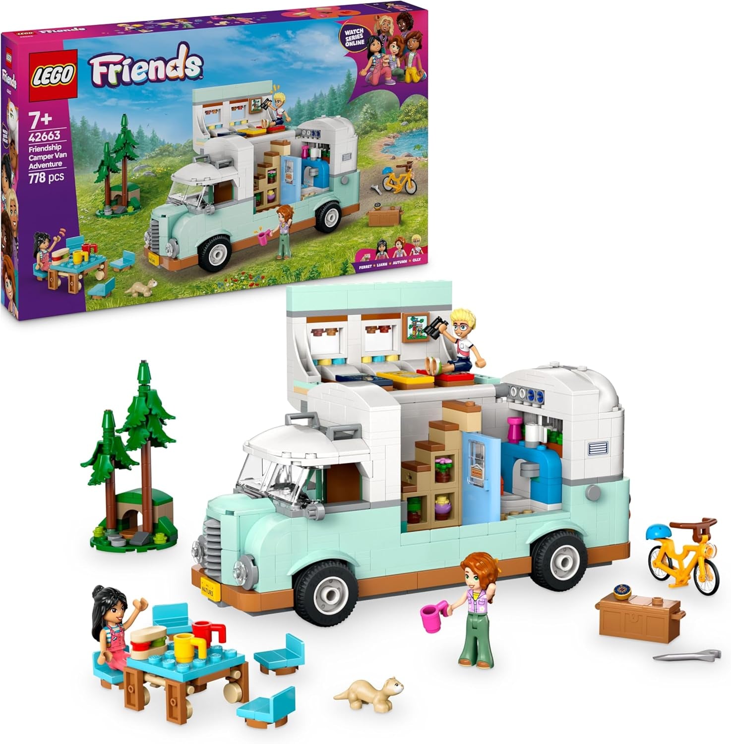 LEGO Friends Wohnmobil, Bauset für Rollenspiele mit einem Spielzeug Wohnwagen, Geschenk für Mädchen ab 7 Jahren, kreatives Spielset mit 3 Minifiguren und Ferretchen Tierfigur 42663