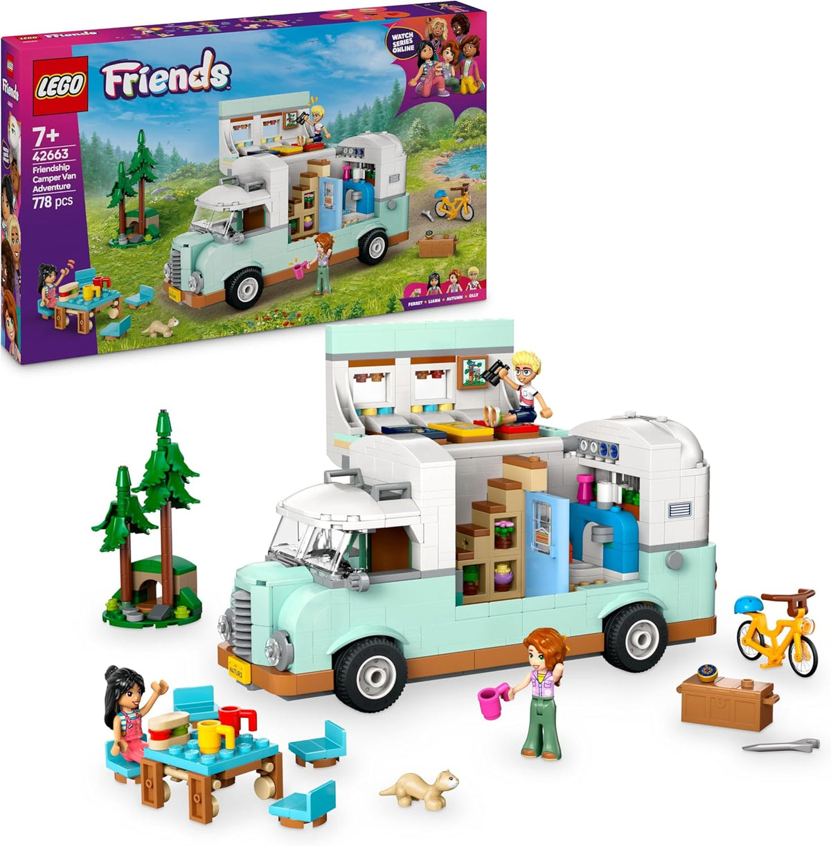 LEGO Friends Wohnmobil, Bauset für Rollenspiele mit einem Spielzeug Wohnwagen, Geschenk für Mädchen ab 7 Jahren, kreatives Spielset mit 3 Minifiguren und Ferretchen Tierfigur 42663