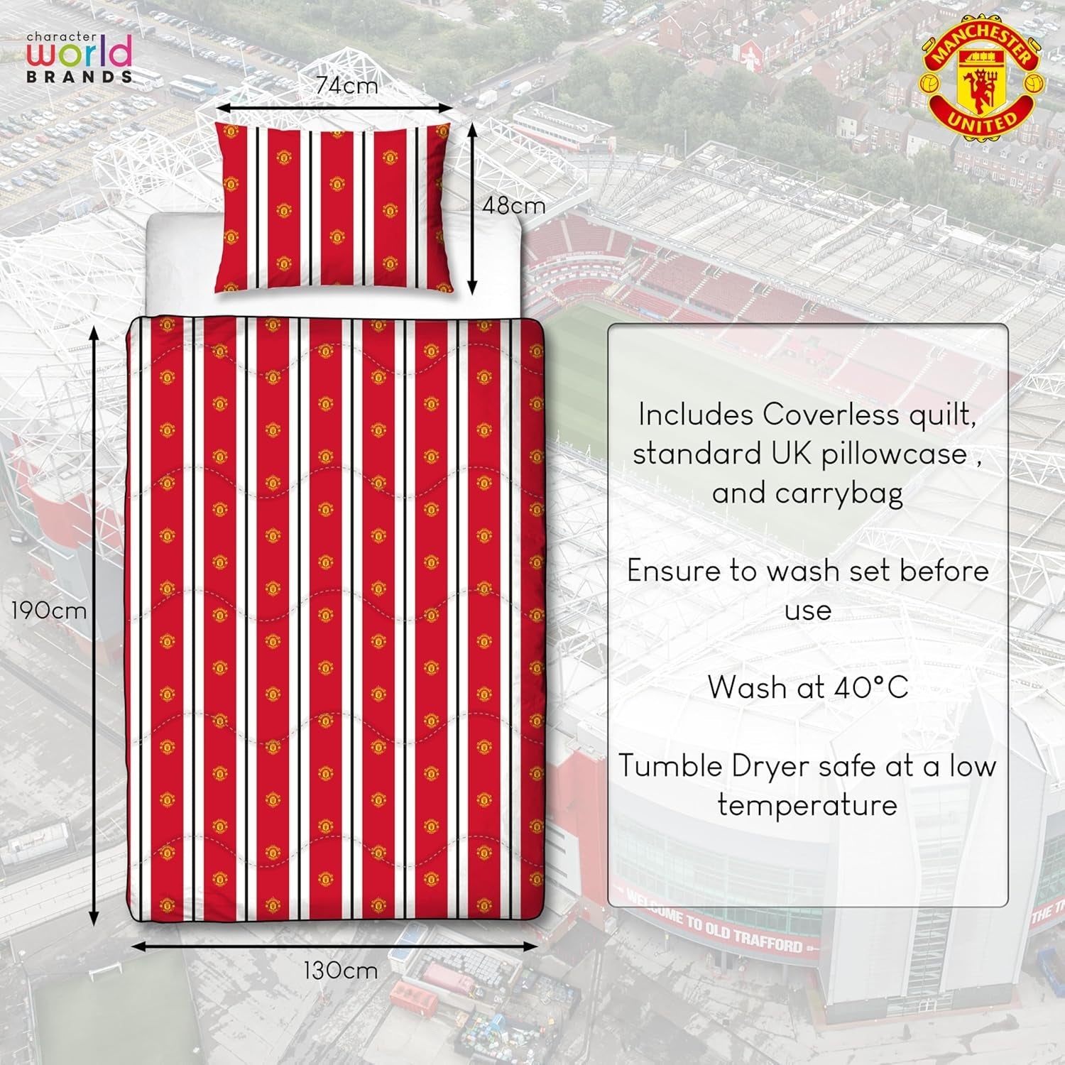Manchester United FC Official Single Duvet, Reversible, Red & White, Coverless, Football Quilt, Pillowcase, Lavabil, Perfect pentru călătorii, Overnight Stays, 10.5 Tog Plapumi si pilote Naty Shop
