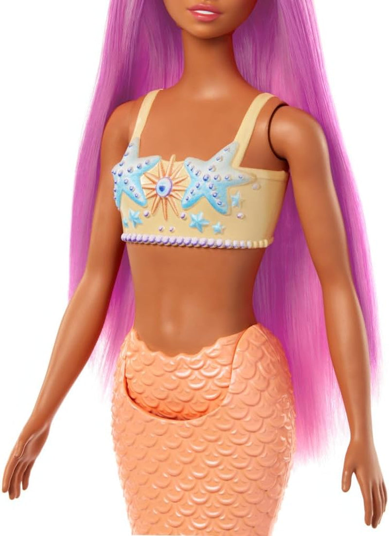Păpușă Barbie Sirenă cu Păr și Bentiță Roz Fantezie, Păpușă cu Stea de Mare în Vârf și Înotătoare Codală Portocalie Moale, HRR05