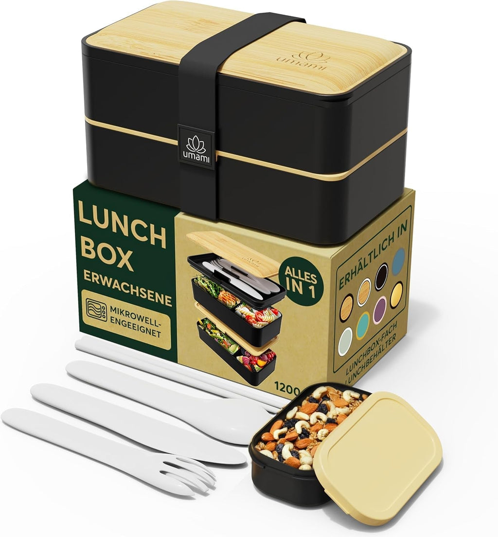 Cutie de prânz Umami pentru adulți, cutie bento stivuibilă etanșă cu 4 tacâmuri și compartimente, cutie de prânz pentru adulți, recipient pentru salată to-go, cutie de prânz pentru picnic / birou, gri cărbune, 1500 ml Cutii depozitare alimente Naty Shop Negru Bej L - 1200 Ml