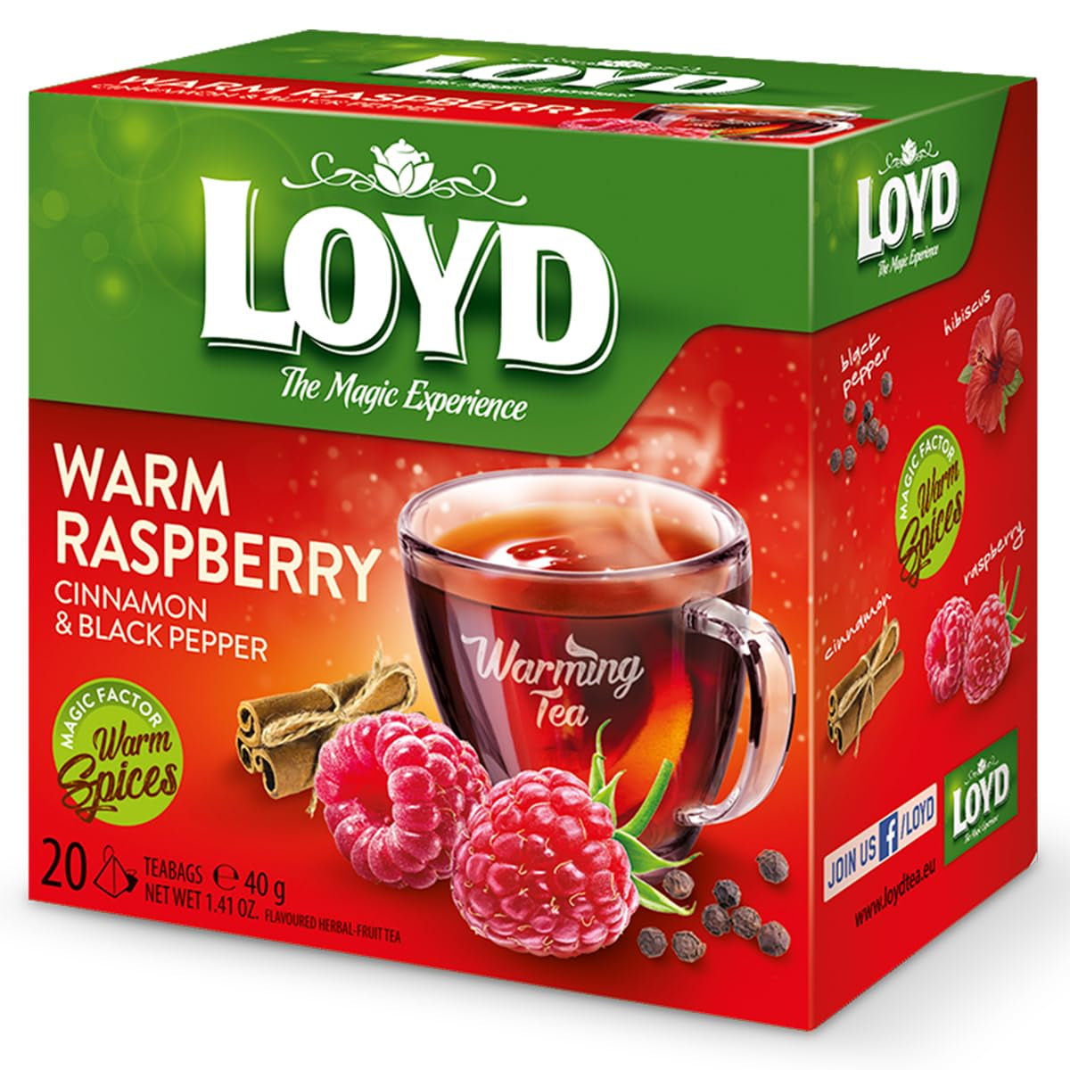 LOYD - Ceai încălzitor cu zmeură, scorțișoară și piper negru - 20 pliculețe piramidale - Ceai de iarnă cu zmeură și un praf de piper - Dulce, cu o notă picantă - Warming Tea Raspberry, Cinnamon & Black Pepper - 40 g