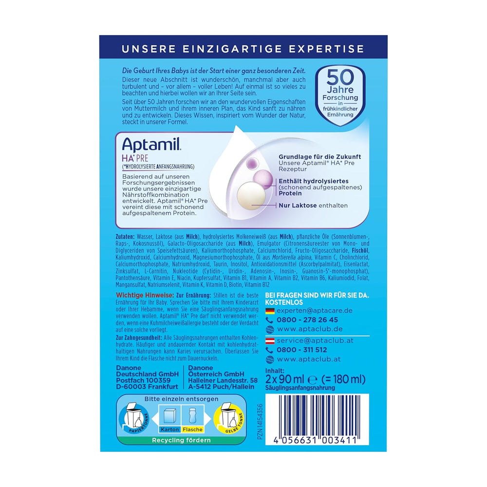 Aptamil HA Pre Ready to Drink – Hydrolysierte Milch für Säuglinge ab der Geburt – 4 x 2 x 90 ml