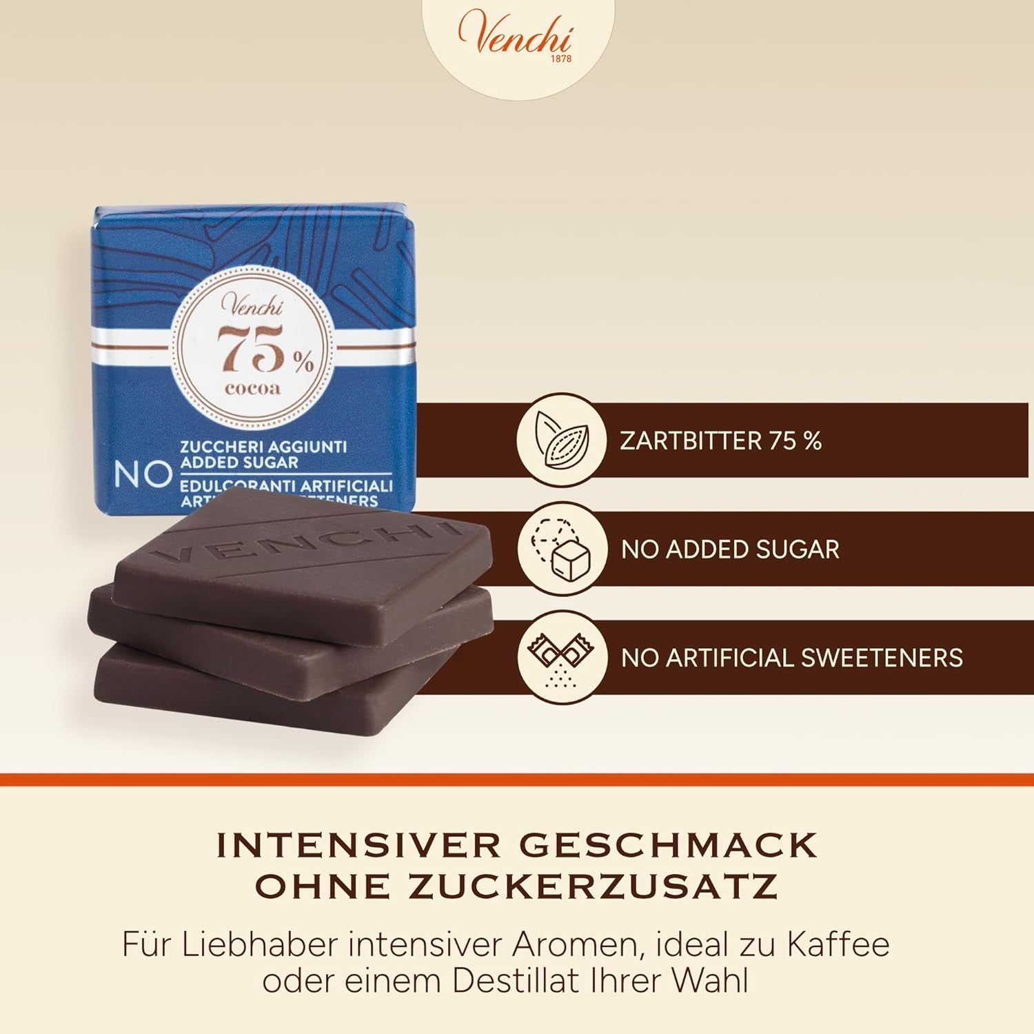 Venchi – Granblend Extra Black 75 % OHNE Zuckerzusatz, 1 kg – OHNE künstliche Süßstoffe – glutenfrei – vegan