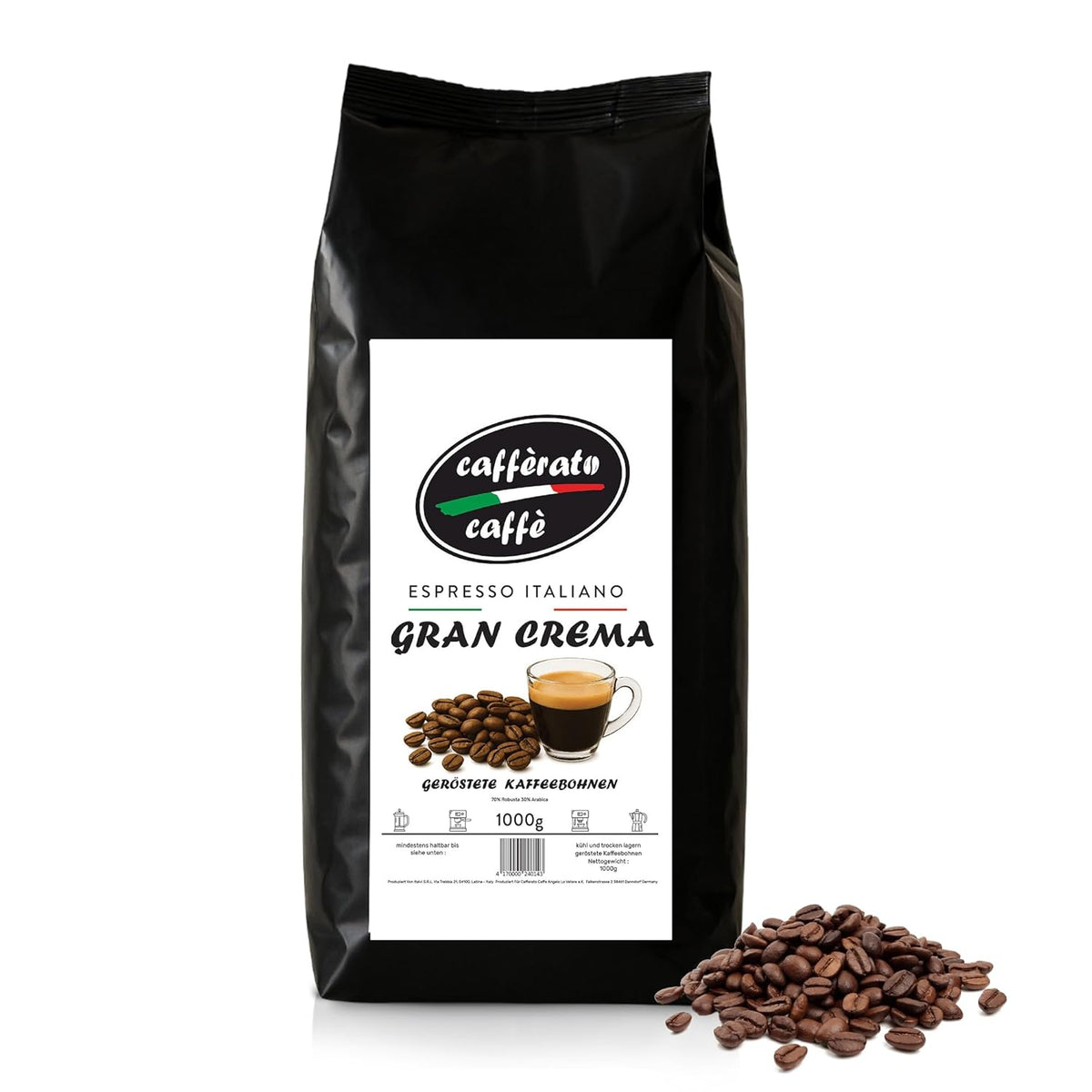 Cafferato Caffè Gran Crema – 1 kg boabe de cafea | Espresso italian | Aciditate scăzută, cu note de nucă și ciocolată | Boabe întregi pentru espresso și specialități de cafea | Cu supapă de aromă