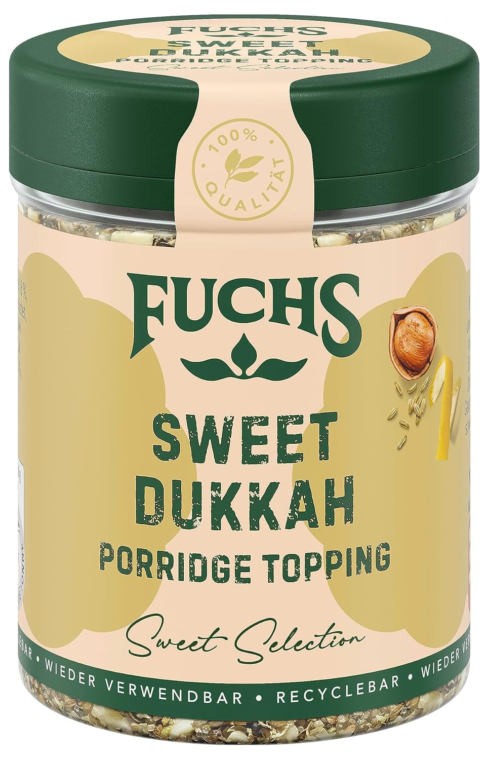 Fuchs Gewürze - Porridge Topping „Sweet Dukkah“ – knuspriges Topping mit Haselnuss, Sesam und Mandeln für Haferflocken – aus natürlichen Zutaten – 60 g in wiederverwendbarer, recyclebarer Dose