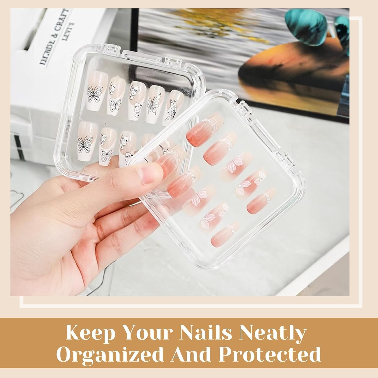Set de cutii pentru depozitarea unghiilor INMORVEN – 14 cutii transparente pentru unghii + 1 cutie mare și 60 de discuri adezive – Ideal pentru depozitarea unghiilor false, accesoriilor pentru unghii cu gel și ojei (14 bucăți într-un singur strat)