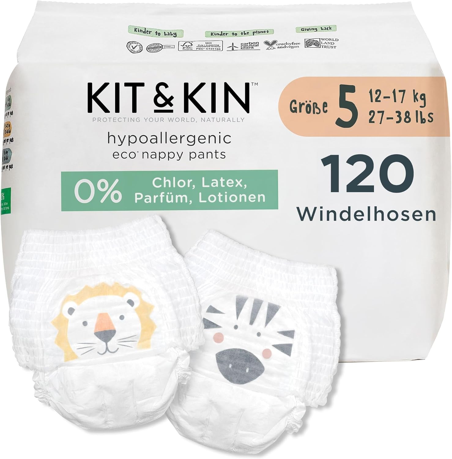 Kit & Kin Premium Öko-Windeln, Größe 4 (9–16 kg), 132 Windeln, pflanzlich und hypoallergen, zuverlässiger Auslaufschutz, vegan und frei von Tierversuchen