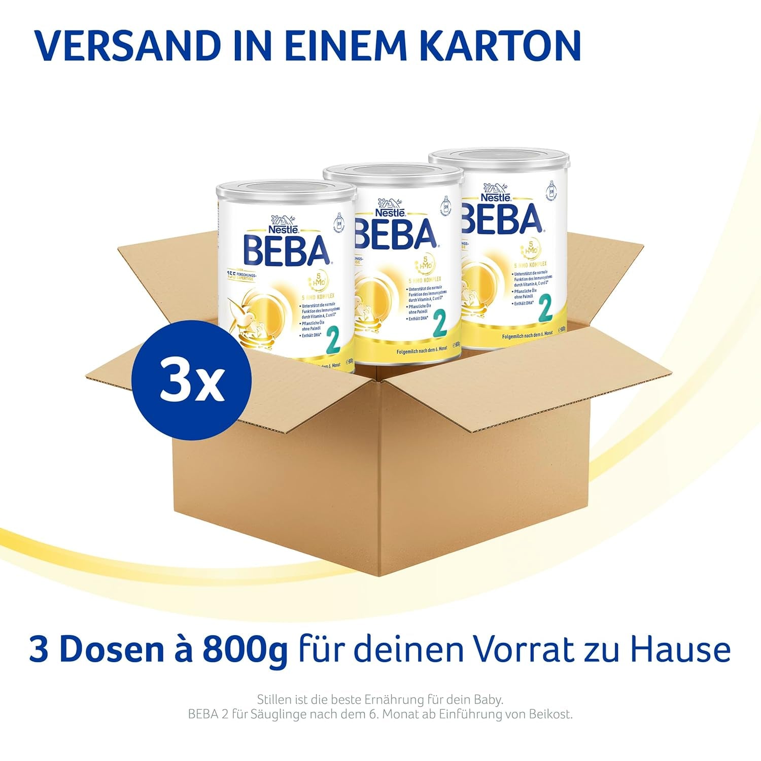 BEBA 2 - Folgemilch nach 6 Monaten, mit 5 HMO-Komplex, altersgerechter Proteingehalt, laktosefrei, palmölfrei, fischölfrei, Babynahrung, Babymilchpulver, 3er Pack (3 x 800g)