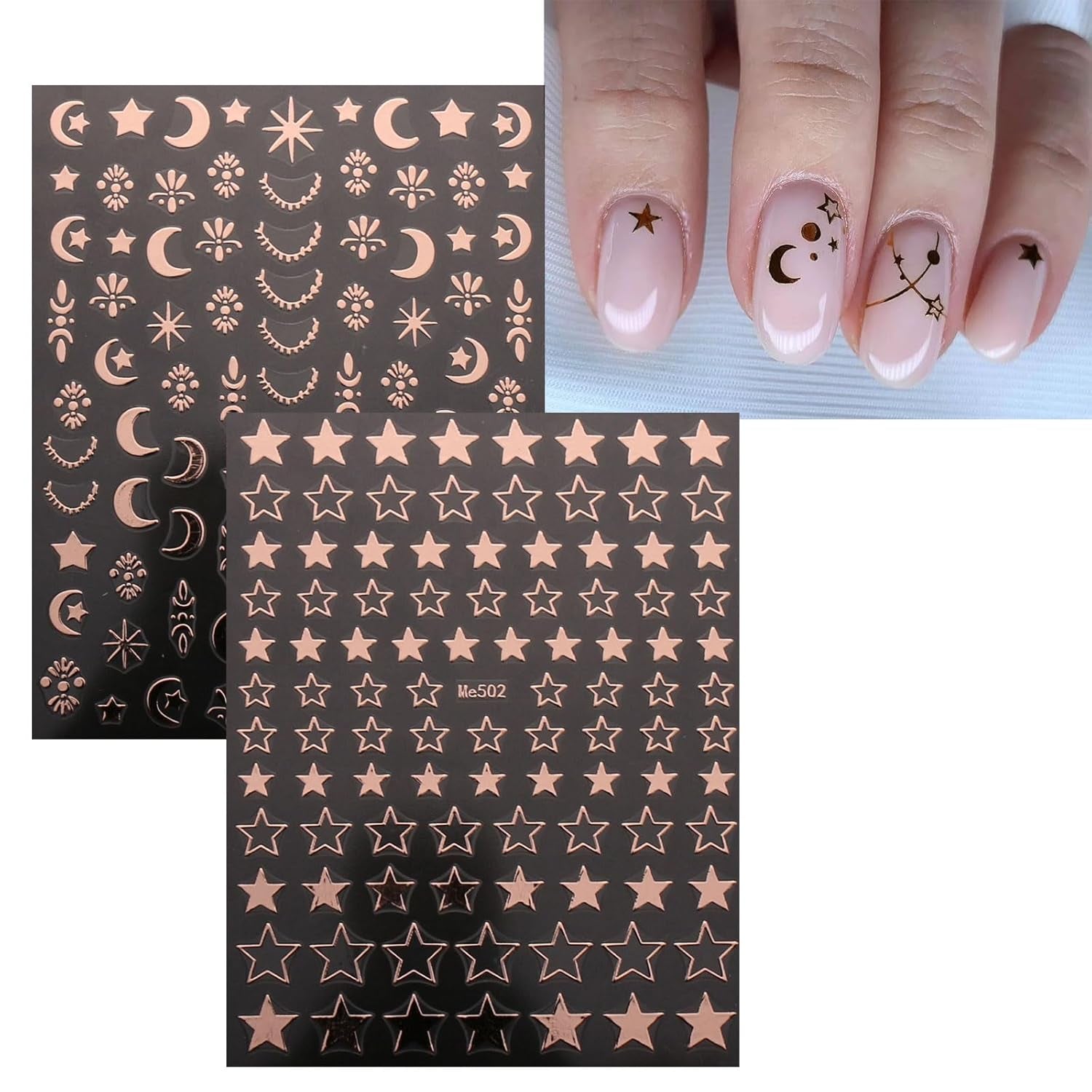 JMEOWIO Nagelsticker Mond Stern 10 Blatt Nail Art Sticker Selbstklebend Nagelaufkleber Roségold Dekoration Nageldesign Zubehör