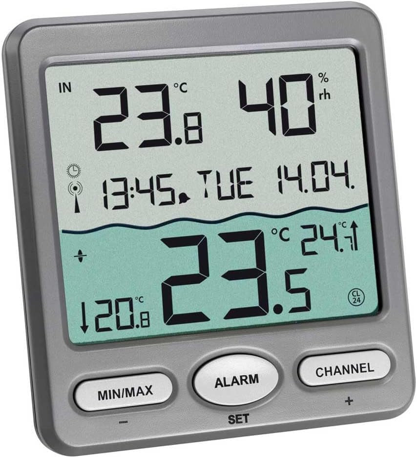 TFA Dostmann Venice Pool-Thermometer, 30.3056.10, zur Überwachung der Wassertemperatur in Schwimmbädern, Teichen oder Whirlpools, kabelloses digitales Pool-Thermometer, grau, L 116 x B 24 (65) x H 126 mm
