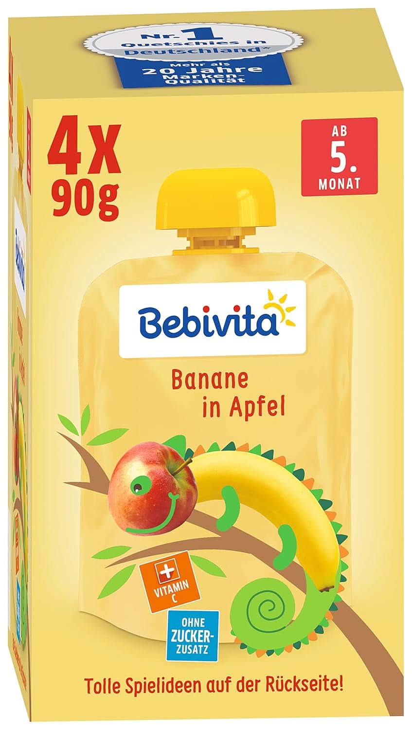 Lustige Früchte und Müsli für Kinder, ganz in Apfel-Bananen, 4er-Pack (4 x 90 Gramm) Mutter und Kind Naty Shop Banane im Apfel