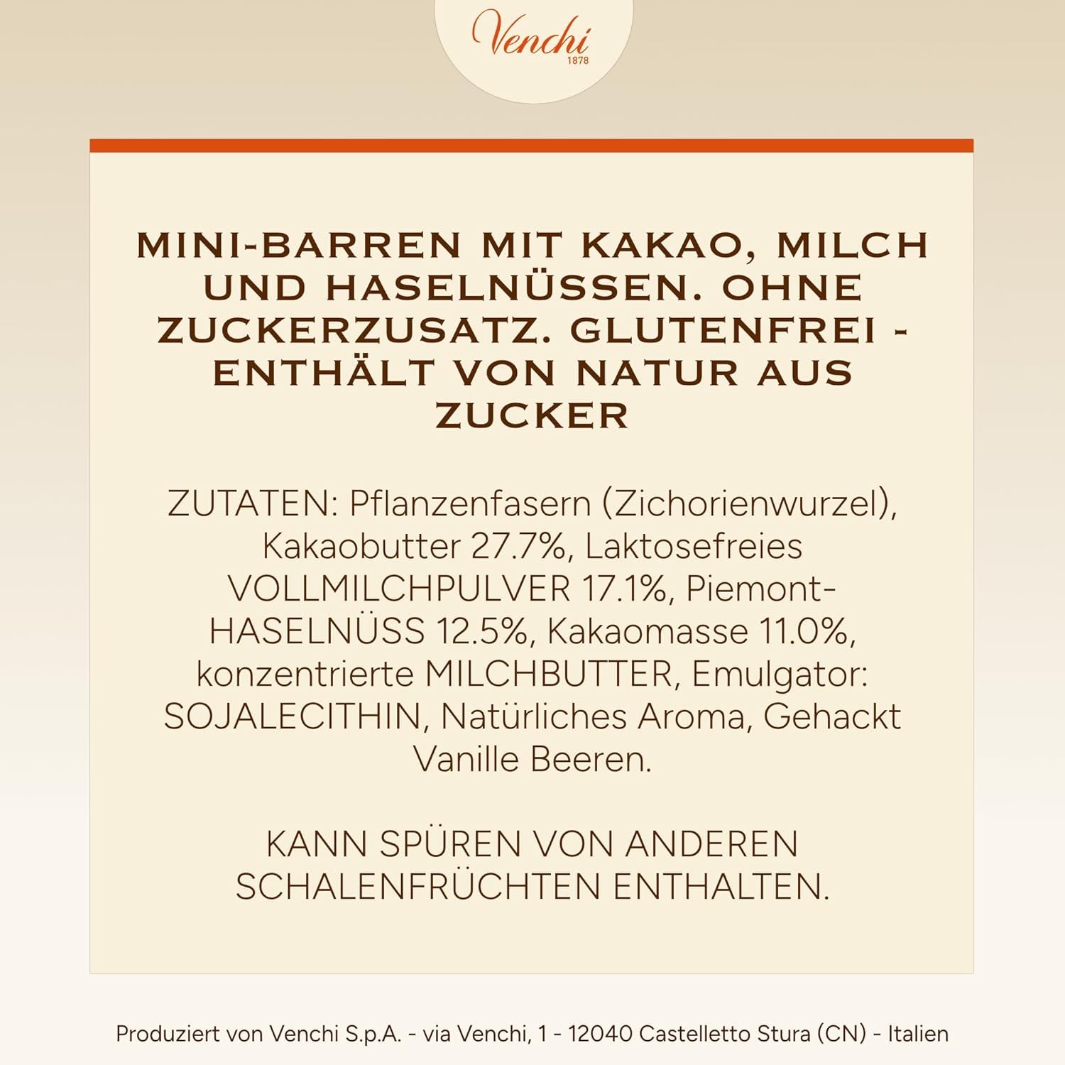 Venchi – Schokoriegel mit Milch und Haselnüssen – 70 % Zucker – Pralinen mit ganzen Haselnüssen aus dem Piemont g.g.A., 1 kg – Glutenfrei