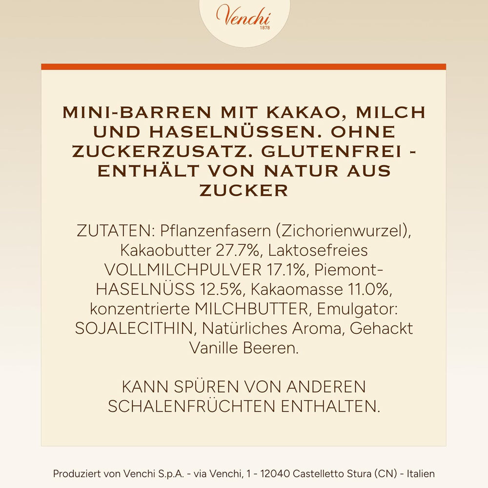 Venchi – Schokoriegel mit Milch und Haselnüssen – 70 % Zucker – Pralinen mit ganzen Haselnüssen aus dem Piemont g.g.A., 1 kg – Glutenfrei