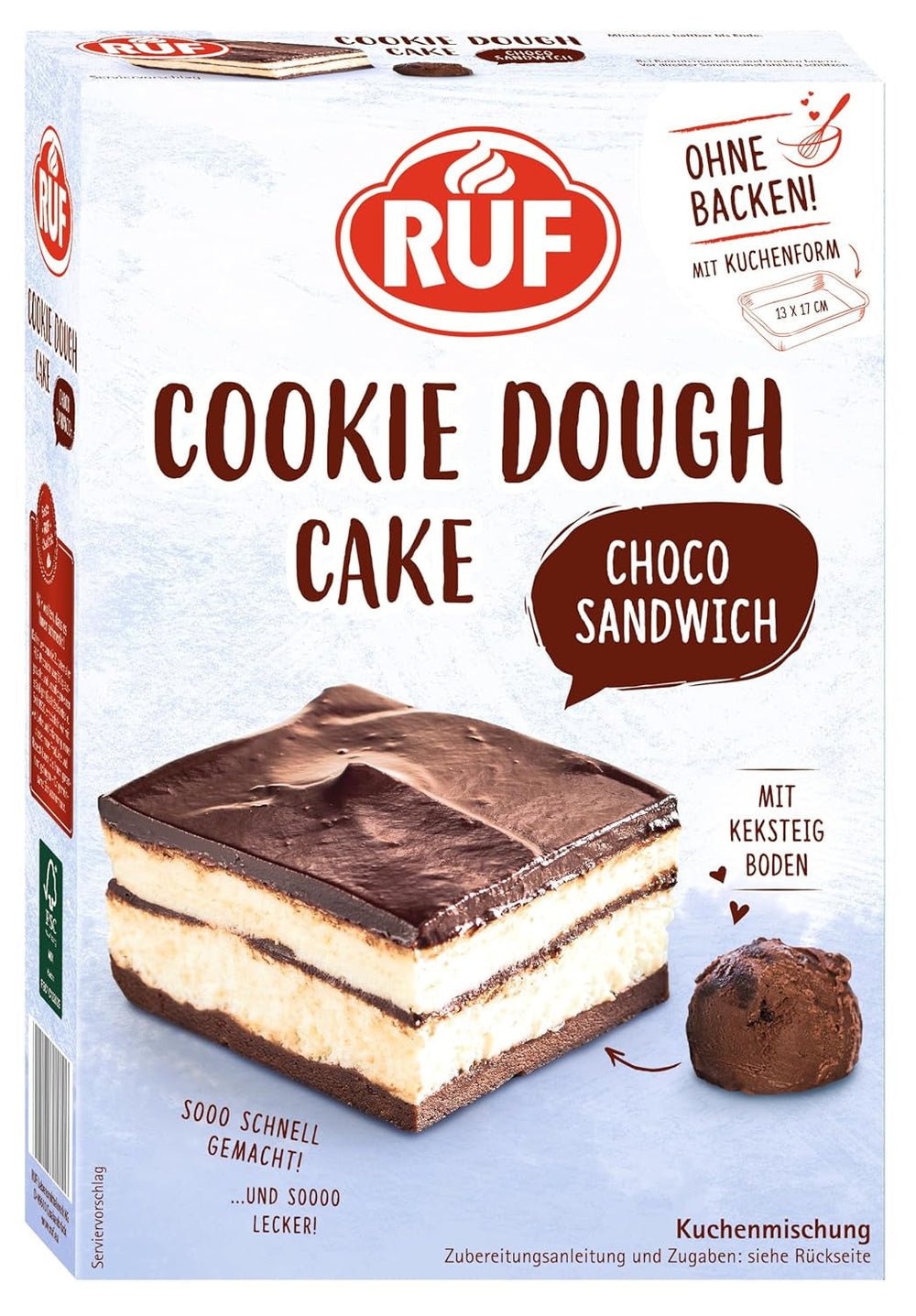 RUF Cookie Dough Cake Ohne Backen, Tortenboden Aus Keksteig Mit Frischkäse-Creme Und Schokoladenstückchen, Inkl. Kuchenform, 1X325G Mischung zum Backen und Kochen Naty Shop 320 G (1Er Pack) Cookie Dough Sandwich