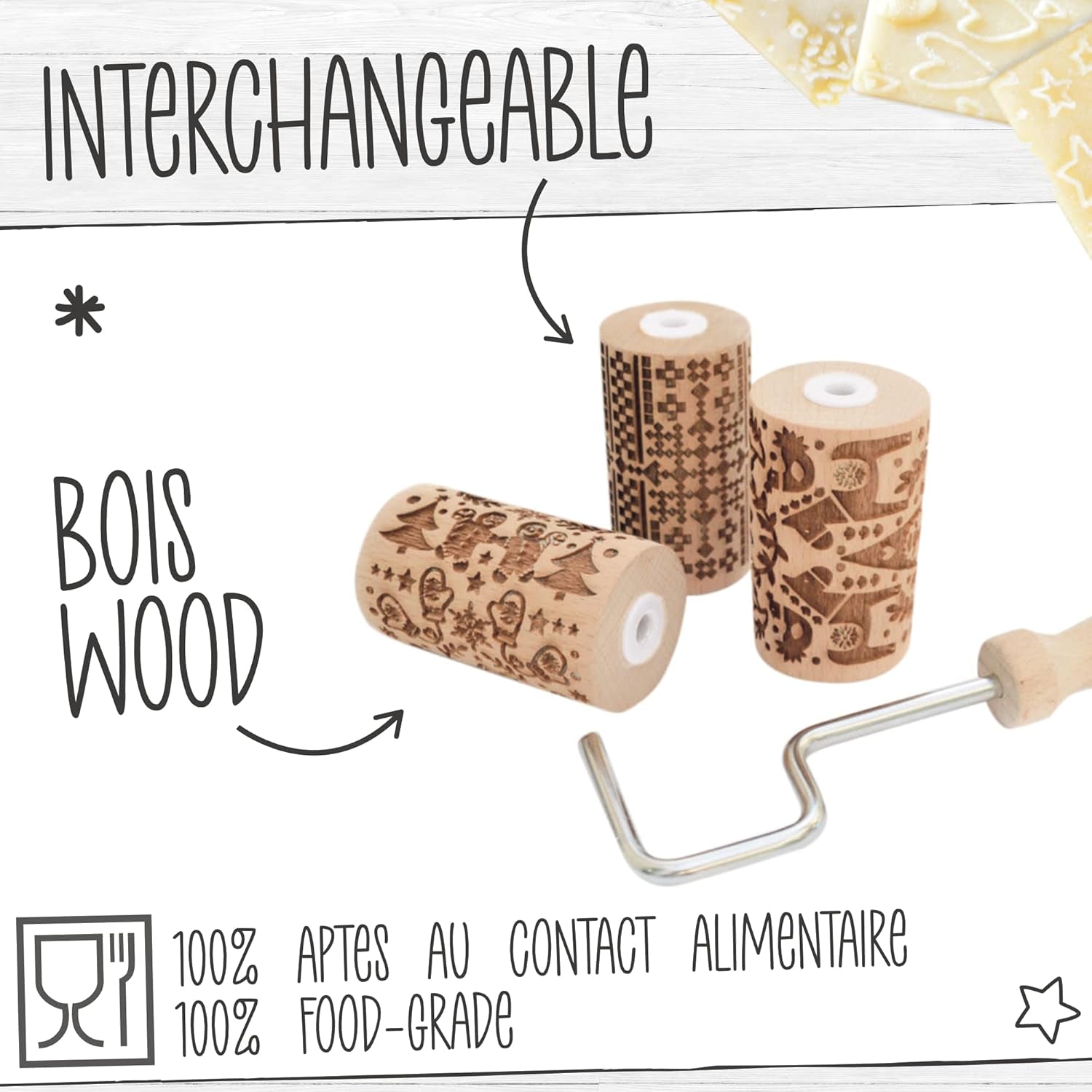 ScrapCooking 3798 Christmas Cookie Roll Set – 3 Mini-Gebäckrollen aus Holz mit Motiven – Dekos mit Prägung – Form für Kekse, Sandgestrahlt, Kekse