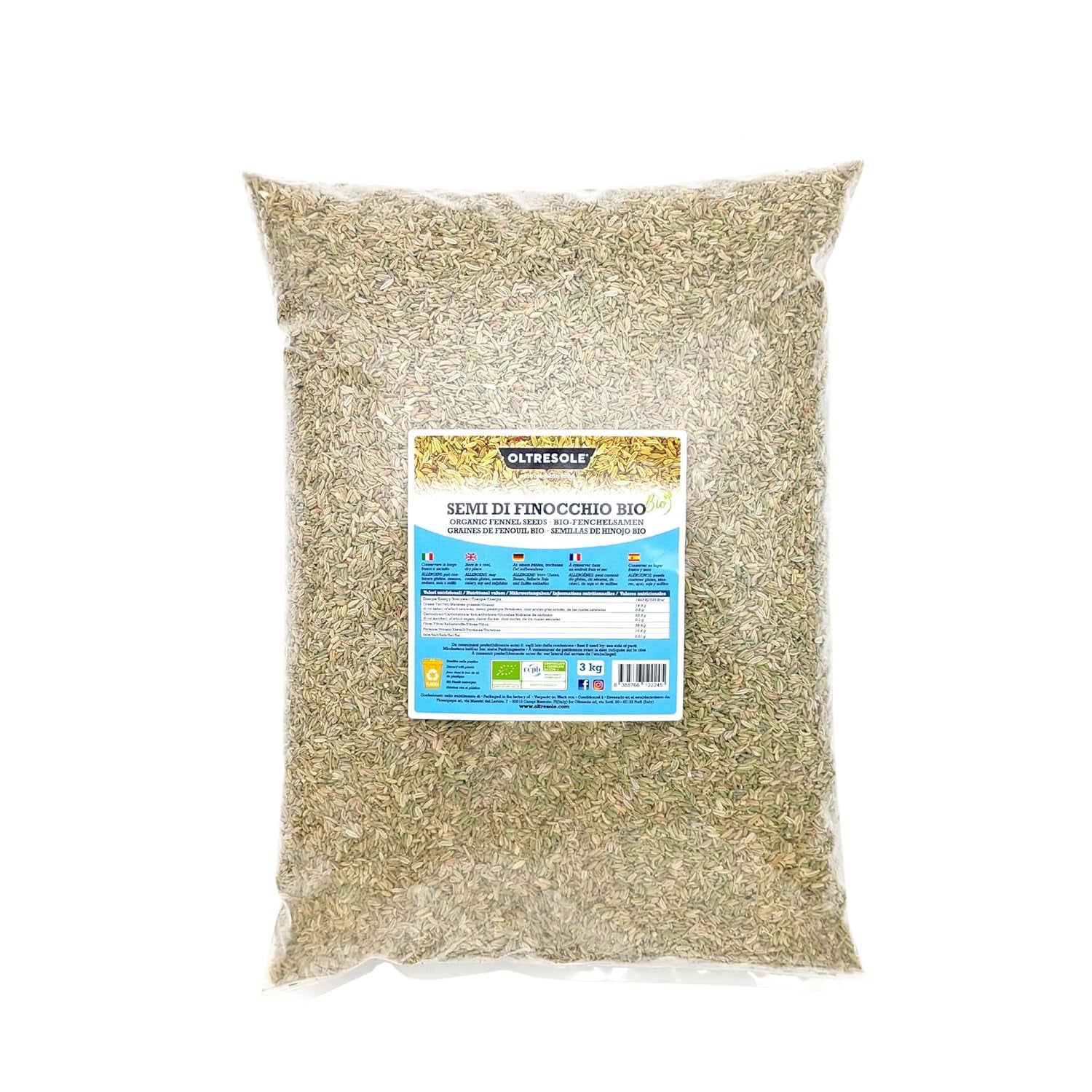 Bio-Fenchelsamen, 3 kg, ganze Bio-Samen, ideal für Kräuter-Verdauungstees und Rezepte, perfekt zum Backen, praktische Größe