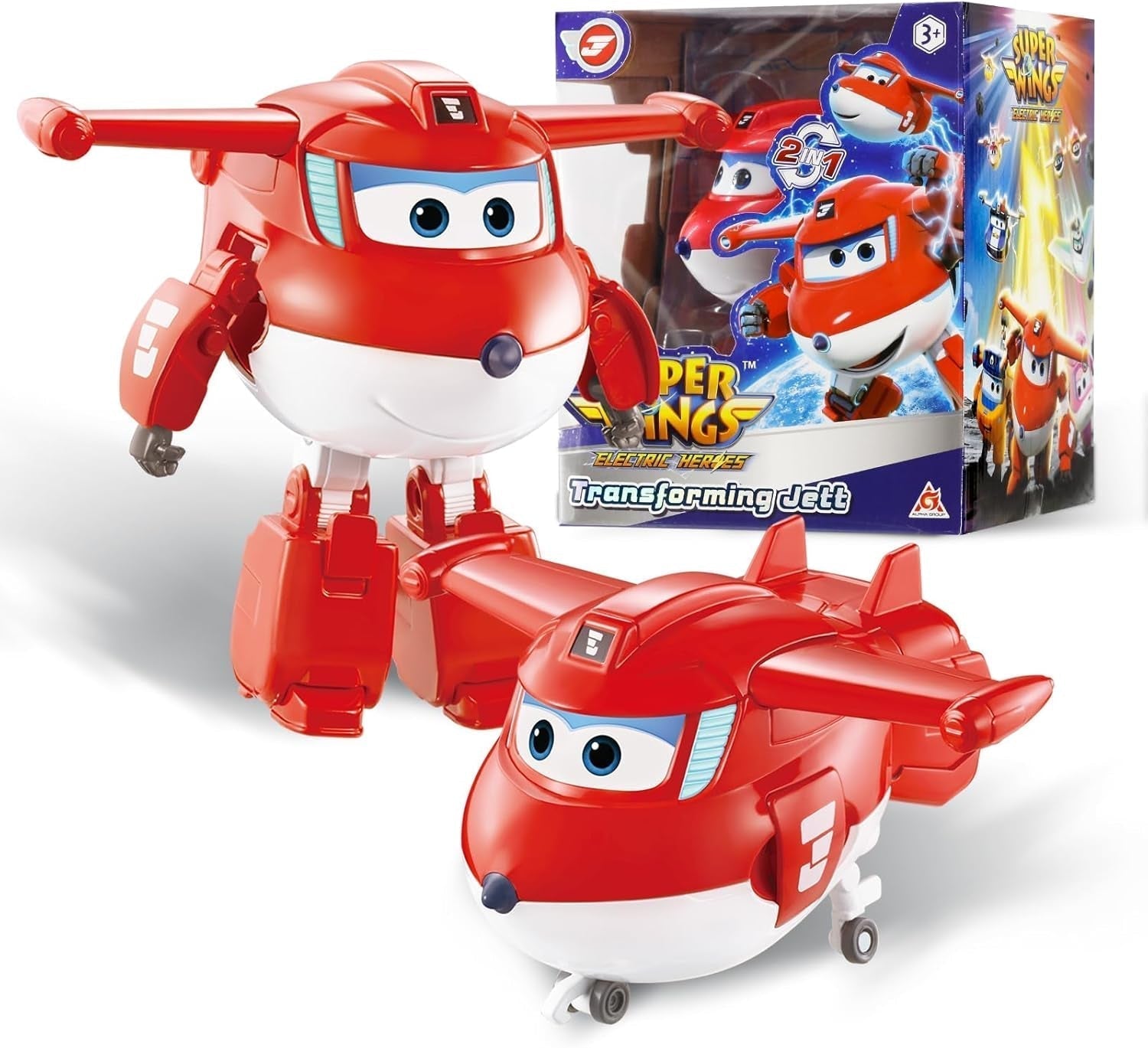 Super Wings Transformationsflugzeug Supercharged Traver, ca. 12,7 cm große Kinderspielfigur Spielzeugflugzeug und Roboterfigur für Jungen und Mädchen ab 3 Jahren Silberne Actionfiguren Naty Shop Jett