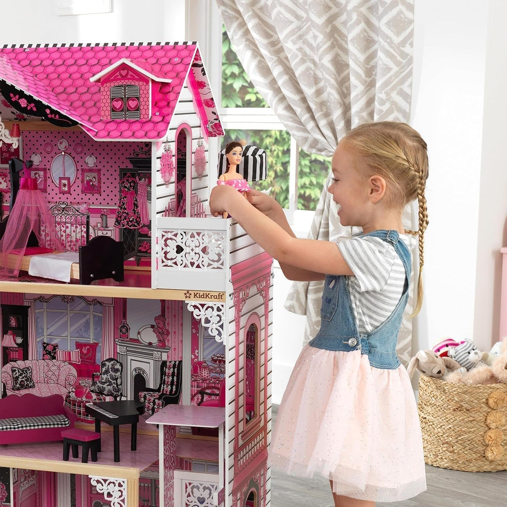 Casă de păpuși din lemn Kidkraft Amelia cu mobilier și accesorii, set de joacă cu balcon și lift pentru păpuși de 30 cm, jucărie pentru copii de la 3 ani, 65093 Casute de papusi Naty Shop