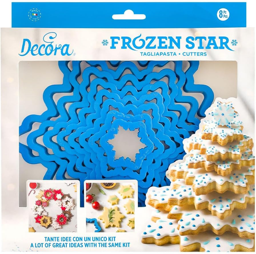0255250 Set de 8 forme de biscuiți Ice Star Tree, din plastic, setul ideal pentru decorațiuni din pastă de zahăr sau pastă de gumă, fabricate în Italia, design original. Pachet de 8 bucăți.