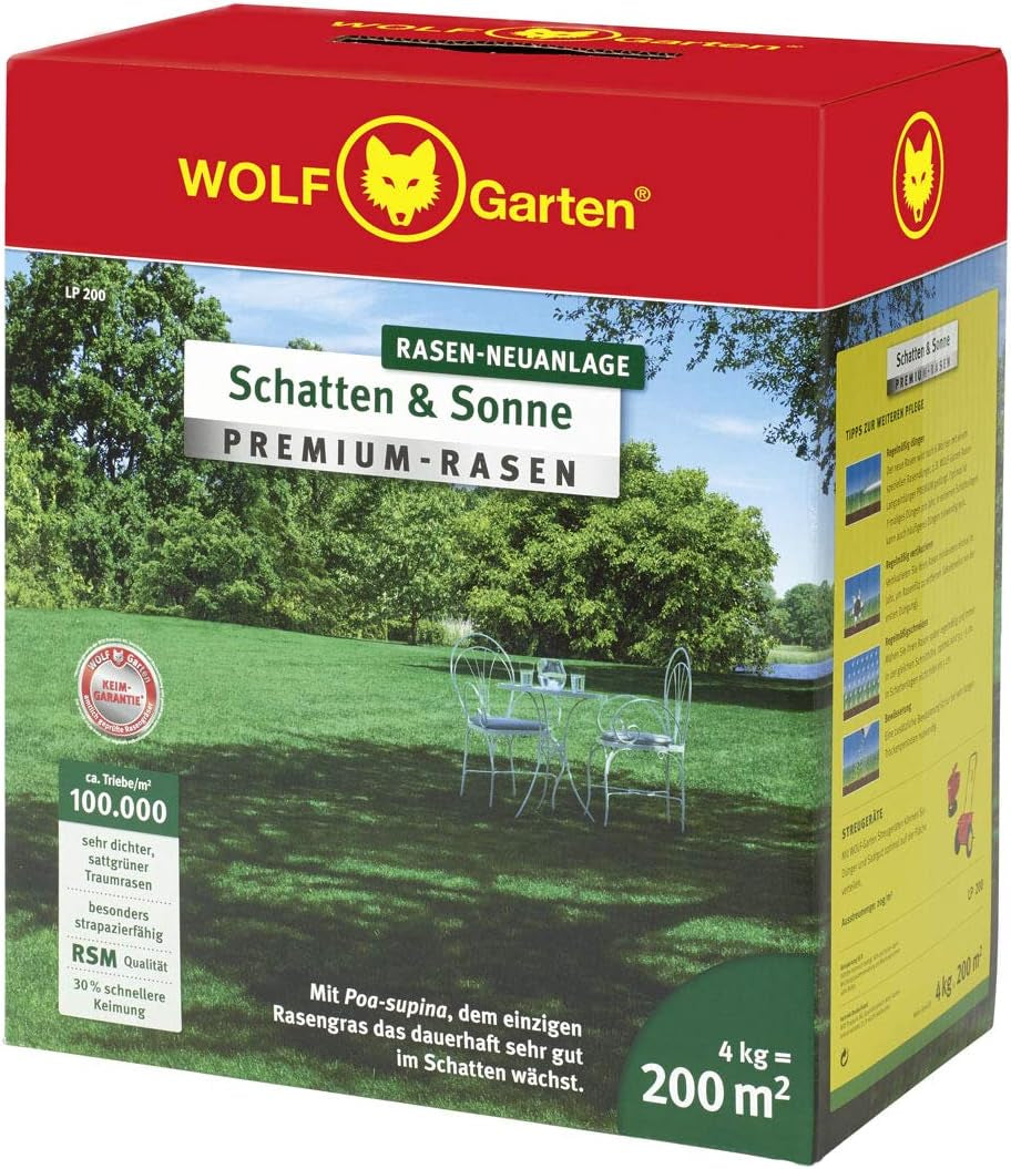 Wolf-Garten „Schatten & Sonne“ Premium-Rasen LP 50 (Für 50 M², Sehr Hohe Dichte Mit Ca. 100.000 Trieben/M2, Besonders Strapazierfähig, Hohe Schattenverträglichkeit, 1Kg Faltschachtel) 3820031