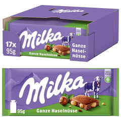 Milka Alpenmilch Schokolade mit ganzen Haselnüssen – Schokolade mit knackigen Nüssen – 17 x 95g