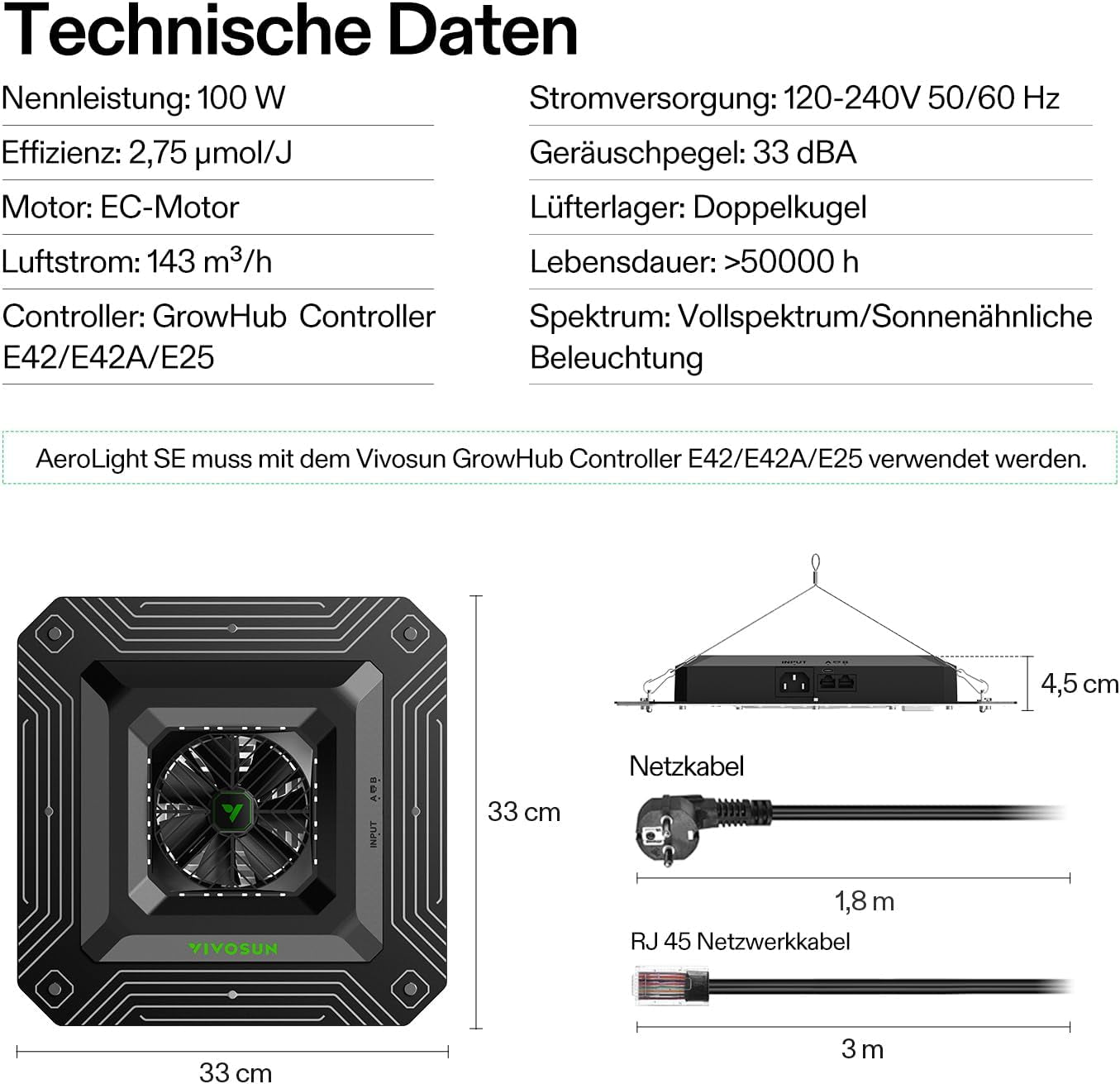 VIVOSUN Smart Grow System mit 100 W AeroLight A100SE LED-Lampe mit integriertem Umwälzventilator, AeroZesh T4 100 mm 357 m³/h Kanalventilator und GrowHub E42A Controller für Wachstumszelte und Indoor-Anbau