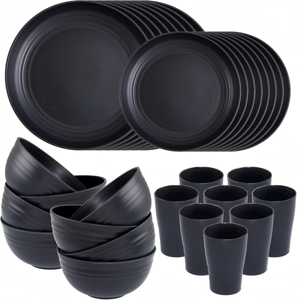Set de veselă pentru camping, 32 de piese, pentru 8 persoane, set de veselă din plastic ușor și reutilizabil, inclusiv boluri, farfurii, căni, veselă din plastic ecologic, incasabilă, pentru picnicuri