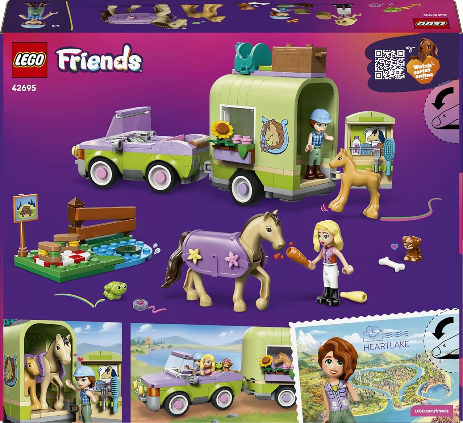 LEGO Friends Pferd und Fohlen mit Pferdeanhänger – Pferde Spieleset mit Pflegezubehör, 4 Tierfiguren, Auto & 2 Mini Puppen – Geschenkeidee zum Geburtstag für Mädchen ab 7 Jahren – 42695