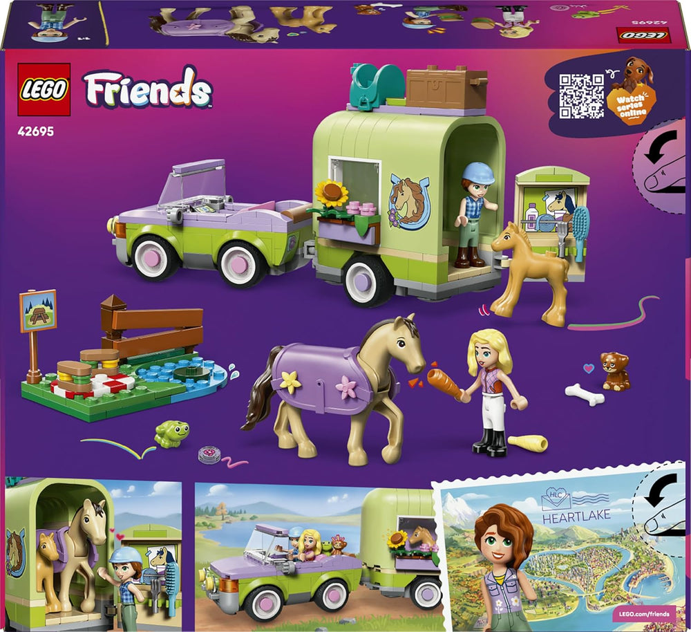 LEGO Friends Pferd und Fohlen mit Pferdeanhänger – Pferde Spieleset mit Pflegezubehör, 4 Tierfiguren, Auto & 2 Mini Puppen – Geschenkeidee zum Geburtstag für Mädchen ab 7 Jahren – 42695