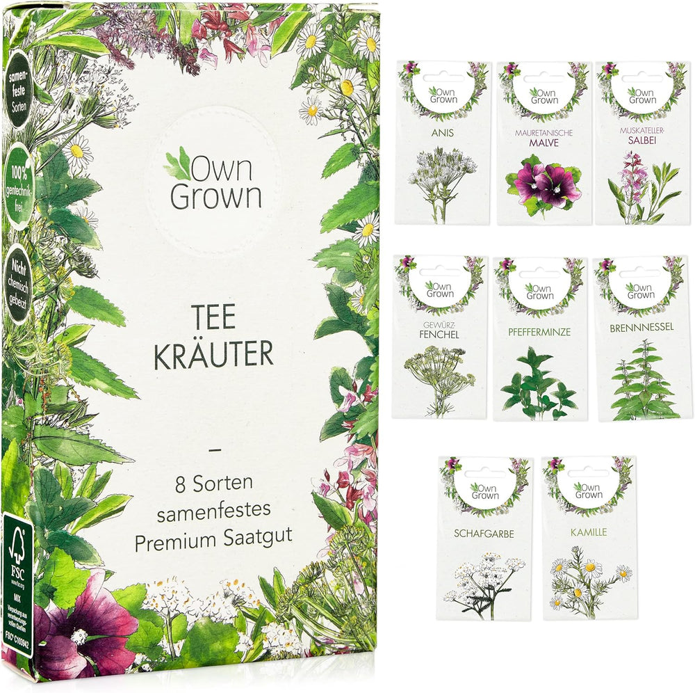 Teesamen-Set: 8 Sorten Samen für Balkon und Garten - Minze, Kamille, Anis, Brennnessel, Malve - Pflanzensamen - Tee - Teebox - OwnGrown-Pflanzen