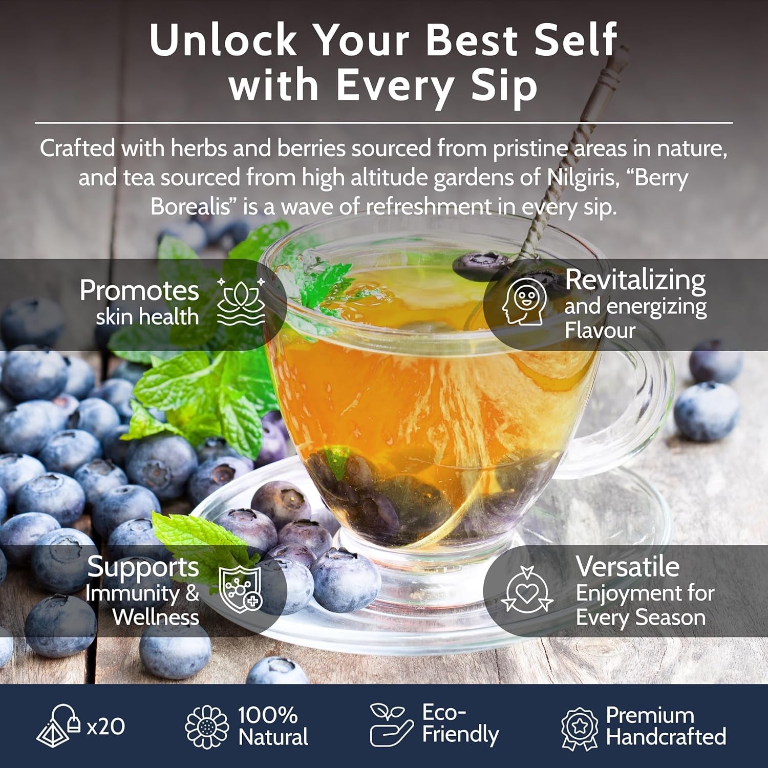 Blooms &amp; Leopard Premium Green Tea Bags – Amestec Berry Borealis cu hibiscus, afine, căpșuni și mentă verde – 20 pliculețe de ceai piramidale pentru ceai cald sau rece