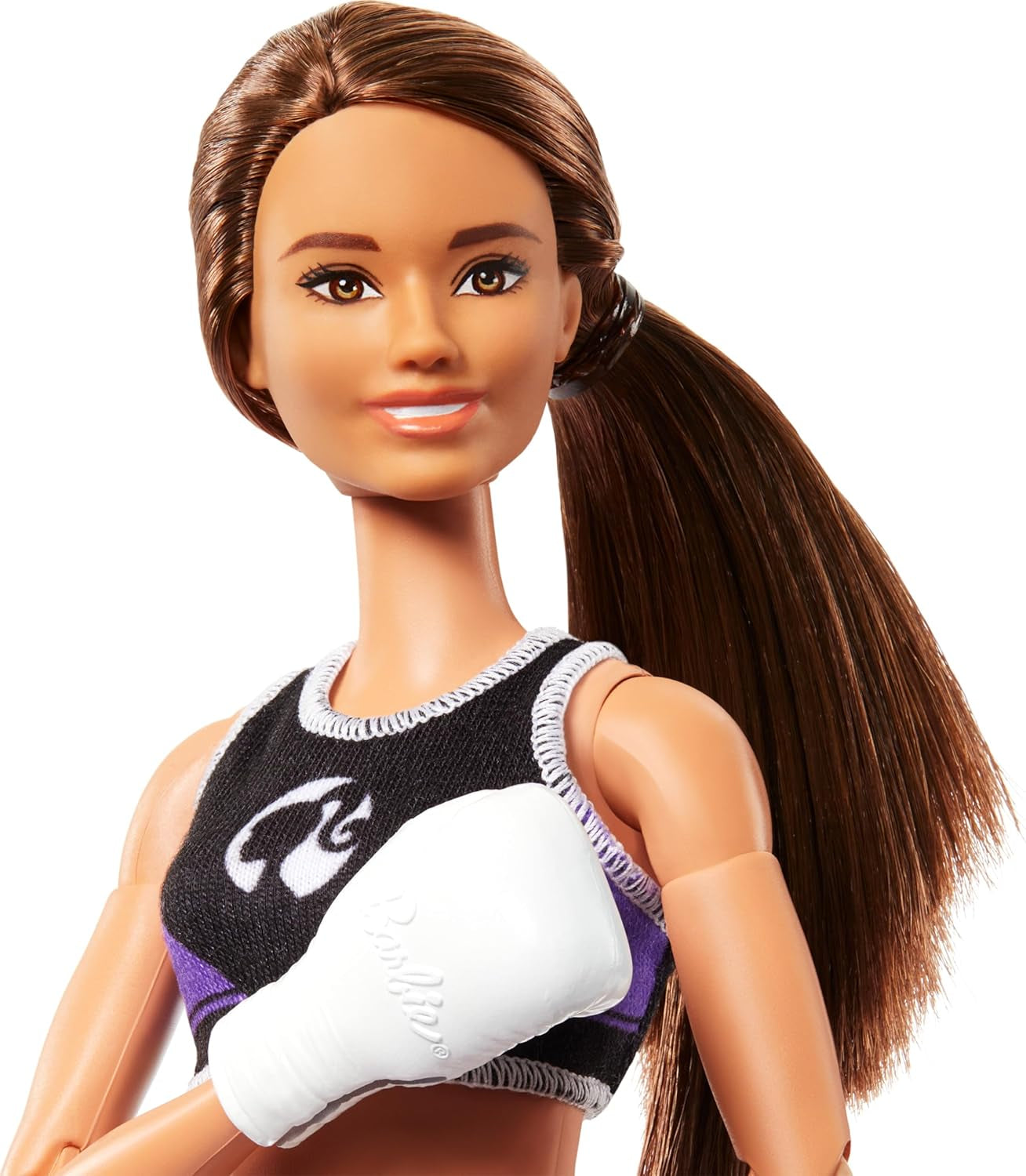 Păpușă Barbie Made to Move și accesorii, boxer brunetă cu echipament sportiv detașabil cu mănuși de box, 22 de articulații mobile, HRG40 Papusi Naty Shop