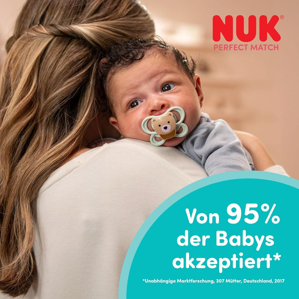 Suzete NUK Perfect Match Air pentru bebeluși | 0-6 luni | Suzete ortodontice care promovează circulația aerului și previn erupțiile salivare | Acceptare 95% de către bebeluși** | Vulpe/Ursuleț | Pachet de 2