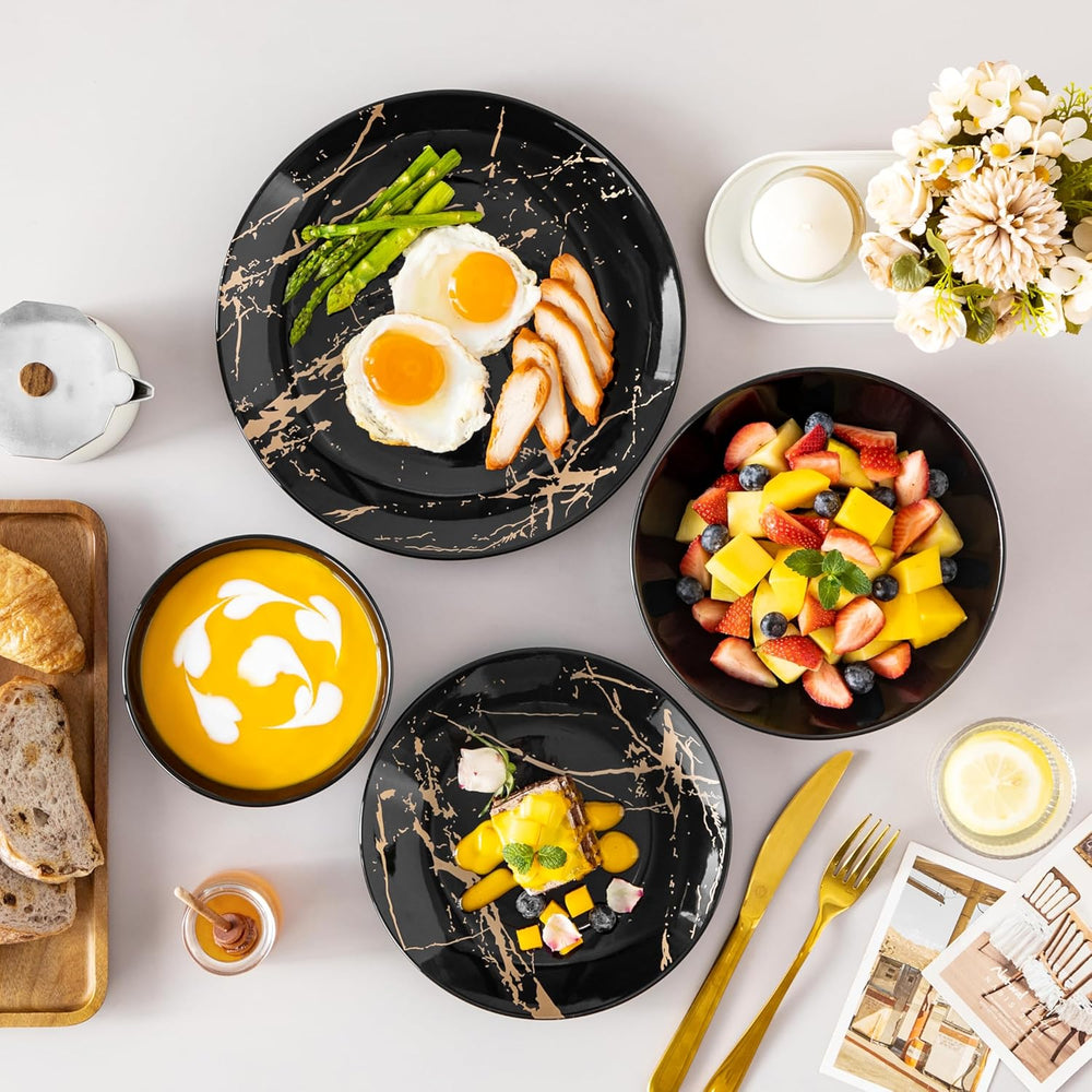 Set de veselă din porțelan LOVECASA, seria Daphne, set combinat SWEET cu 24 de piese, set de veselă cu design auriu, farfurii de cină, farfurii de desert, boluri pentru cereale și farfurii de sumă pentru 6 persoane