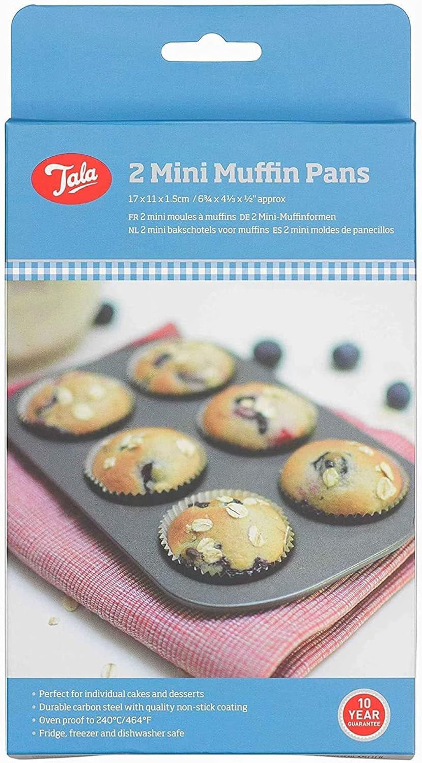 Tala Mini-Kuchenformen, Dekorativ, Antihaftend, Gugelhupf-Form, Gleichmäßige Hitzeverteilung, Gerillte Form, Karbonstahl, Breite, Flache Griffe, Spülmaschinen Und Gefrierschrankfest, 2 Stück Formen und Tabletts zum Backen Naty Shop 20Cm X 14Cm
