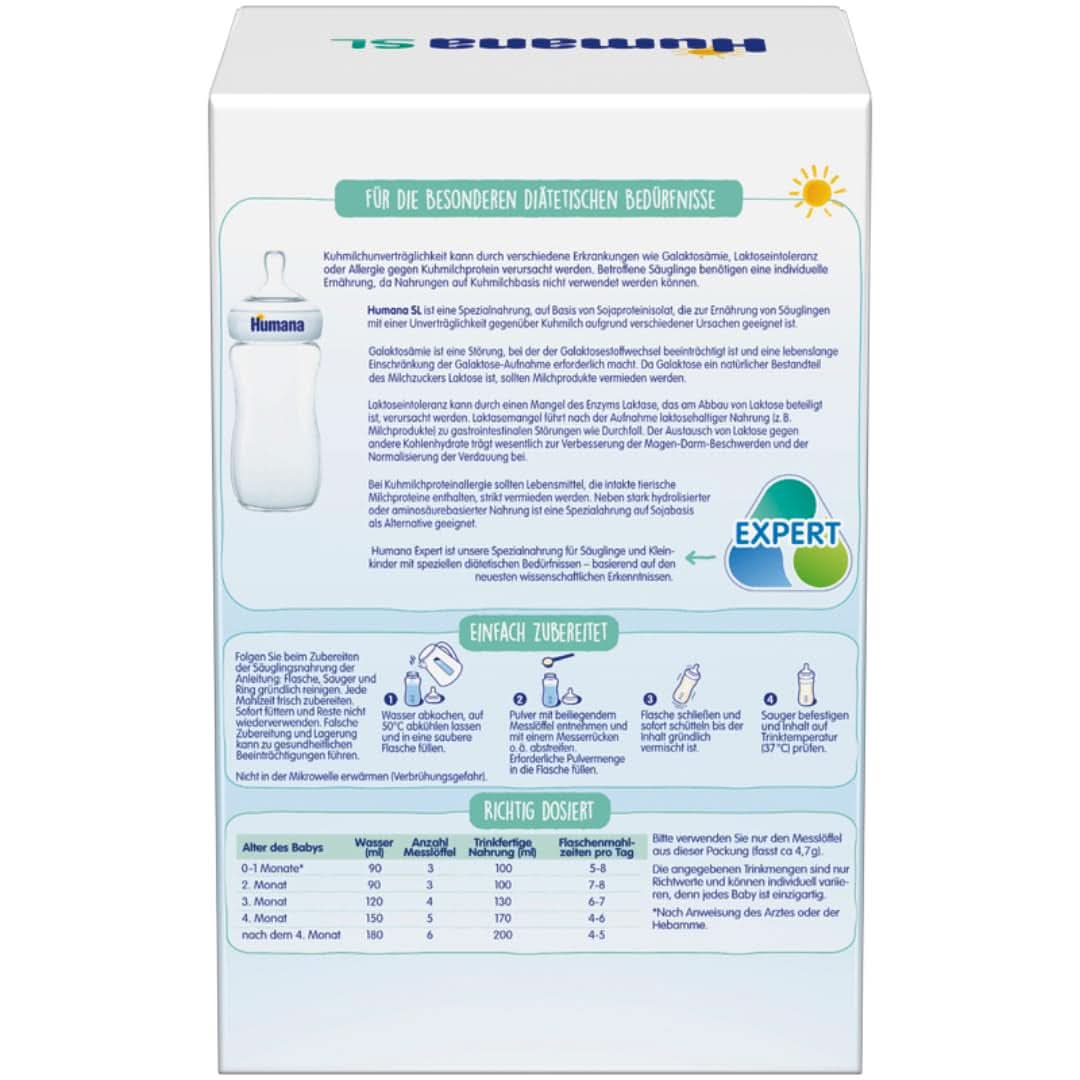Humana SL Expert, ab der Geburt, Spezialnahrung bei Kuhmilchunverträglichkeit aufgrund von Laktoseintoleranz, Galaktosämie oder Kuhmilcheiweißallergie, für Säuglinge und Kleinkinder, 600 g Mutter und Kind Naty Shop