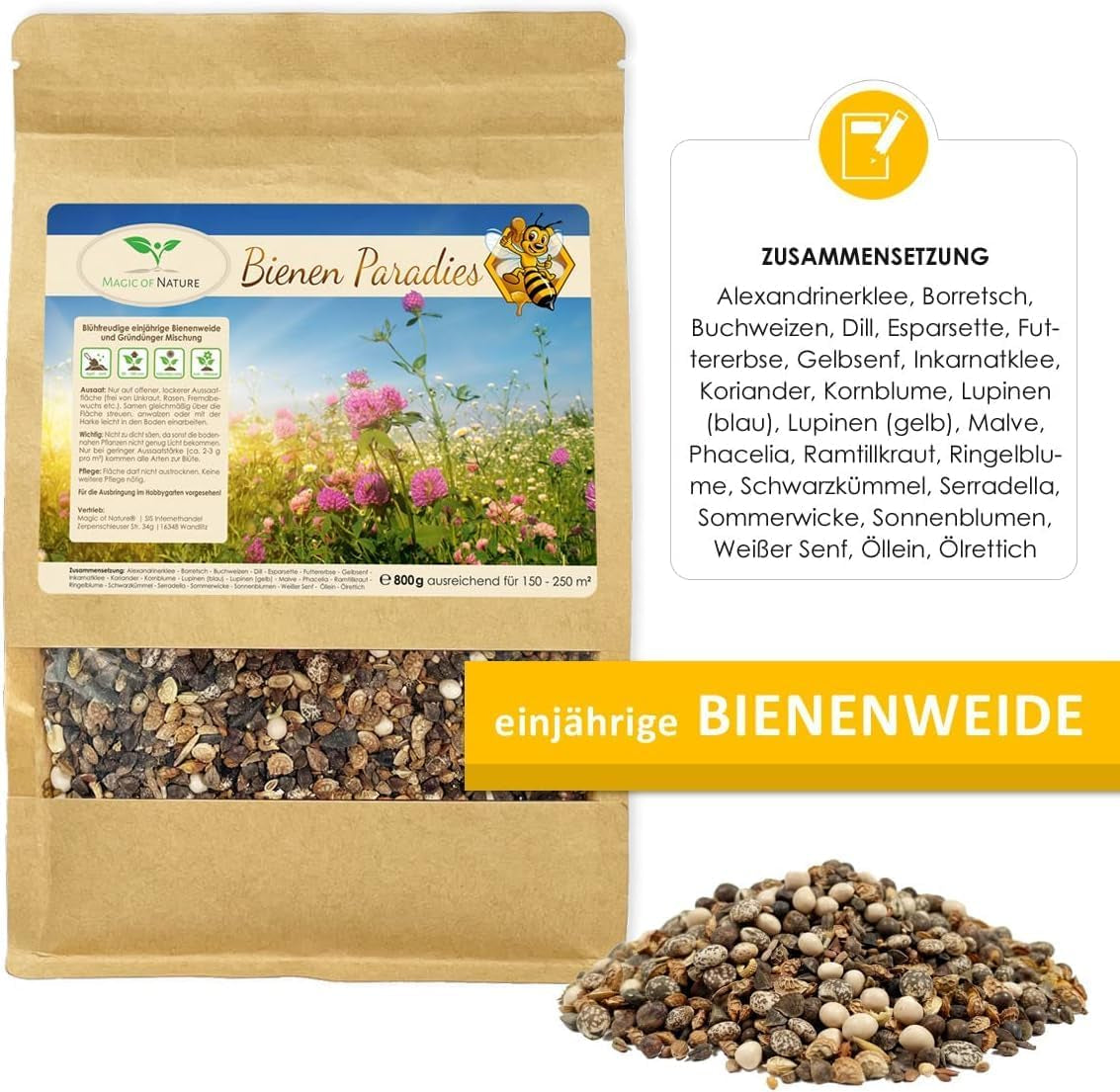 Magie der Natur 800gr. Blumensamen Mischung - Bienen Paradies - Blühfreudige Bienenweide für 150 bis 250 m²